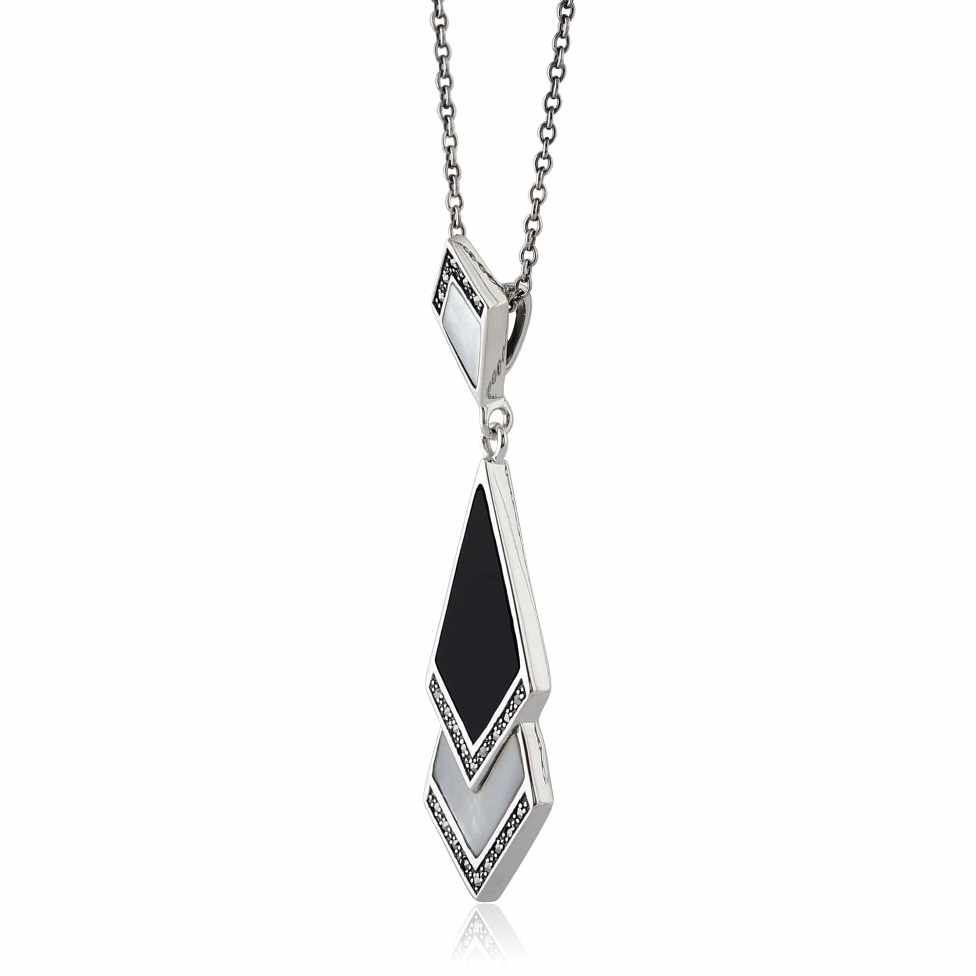 214E615201925-214N419501925 Art Deco Style Style Black Onyx & Mother of Pearl Fan Drop Earrings & Necklace Set in 925 Sterling Silver 5