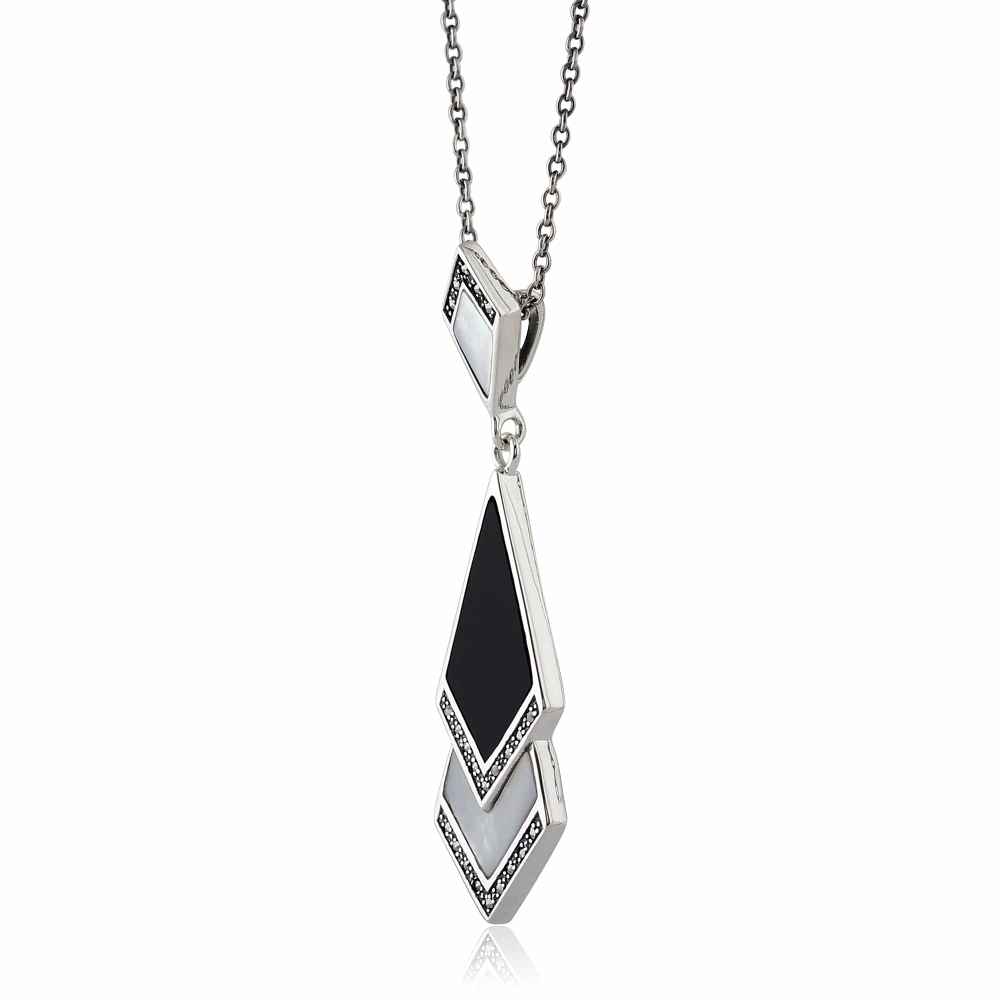 Art Deco Style Mother of Pearl, Black Onyx & Marcasite Pendant in 925 Sterling Silver - Gemondo
