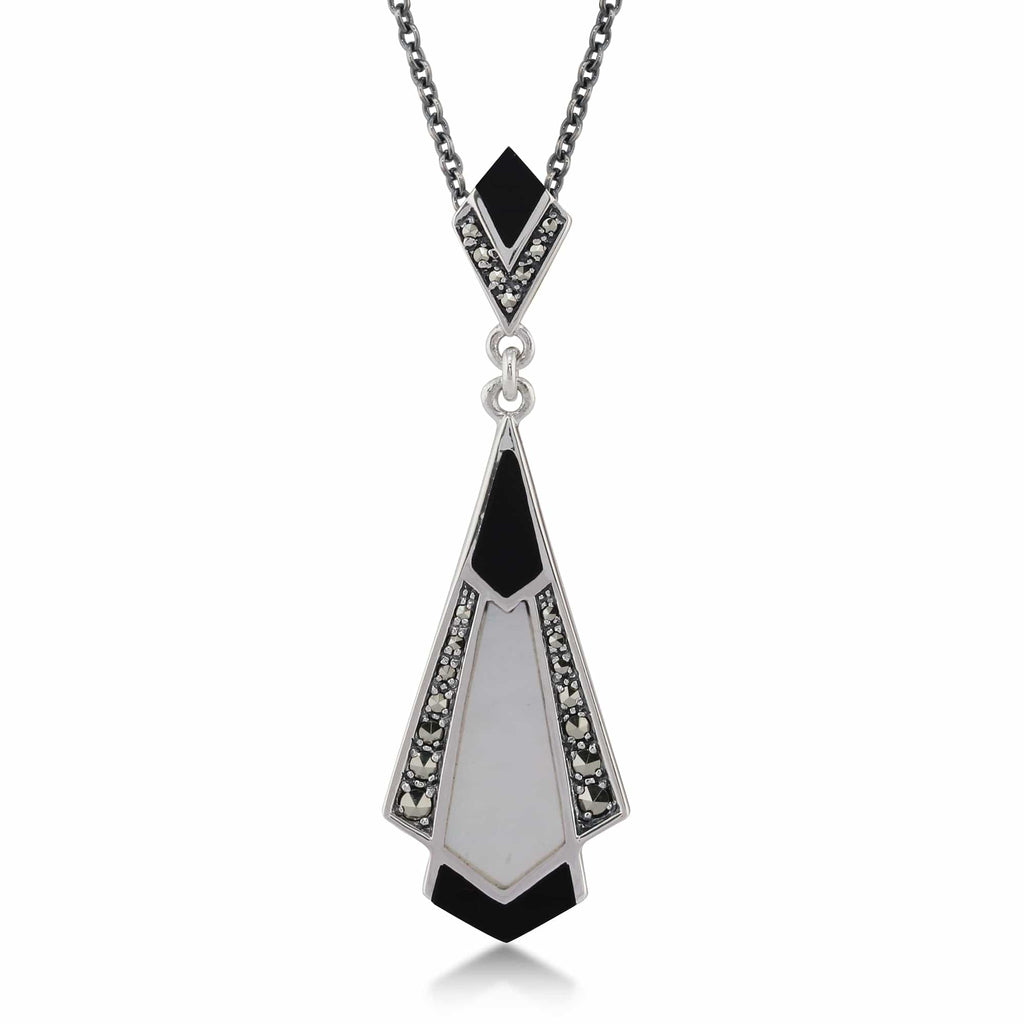 Art Deco Style Cabochon Onyx Mother Pearl & Marcasite Pendant 925 Sterling Silver