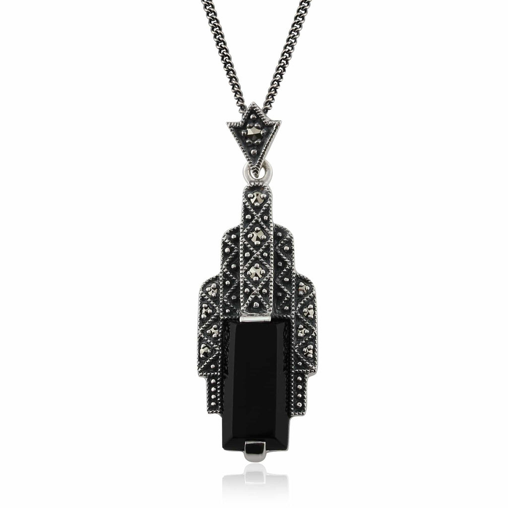 Art Deco Style Rectangle Onyx Cabochon & Marcasite Necklace Sterling Silver