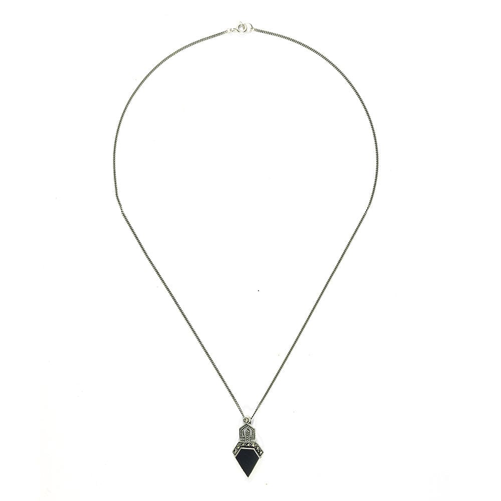 214E648501925-214N435901925 Art Deco Style Style Black Onyx & Round Marcasite Stud Drop Earrings & Pendant Set in 925 Sterling Silver 5