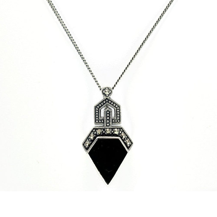 Art Deco Style Irregular Cut Onyx and Marcasite Pendant in 925 Sterling Silver