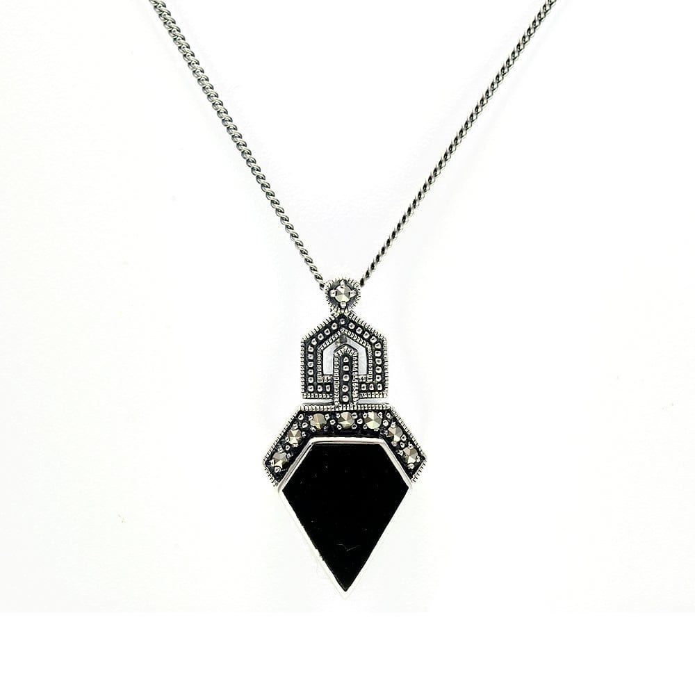 Art Deco Style Irregular Cut Onyx Marcasite Pendant 925 Sterling