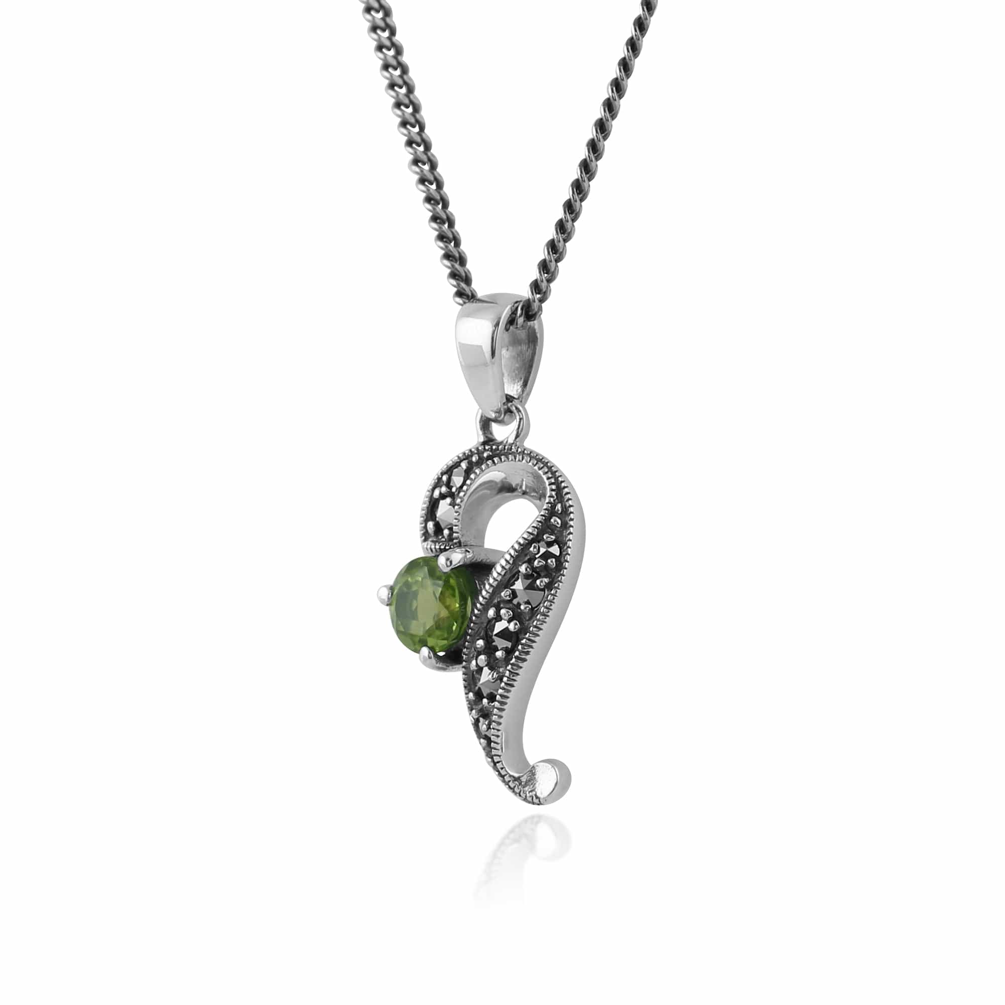 Art Nouveau Style Round Peridot & Marcasite Swirl Pendant in 925 Sterling Silver - Gemondo
