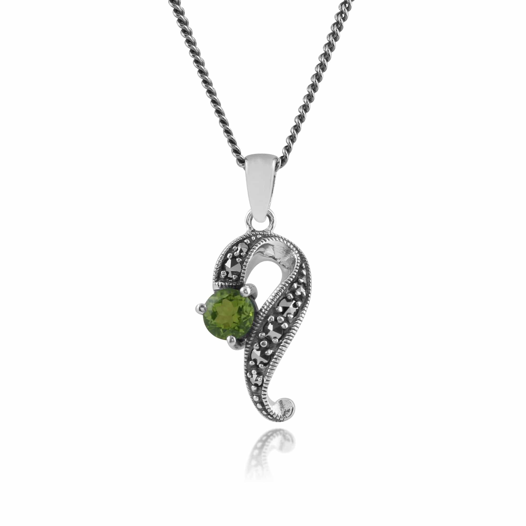 Art Nouveau Style Round Peridot & Marcasite Swirl Pendant in 925 Sterling Silver - Gemondo