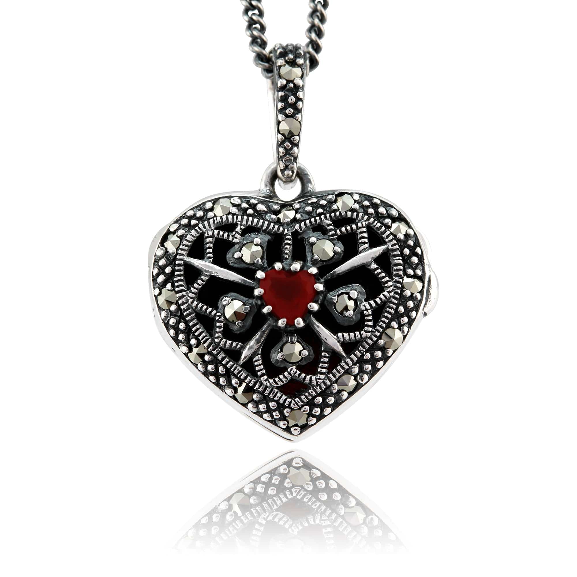 Art Nouveau Style Heart Cornelian & Marcasite Locket on Chain in 925 Sterling Silver - Gemondo