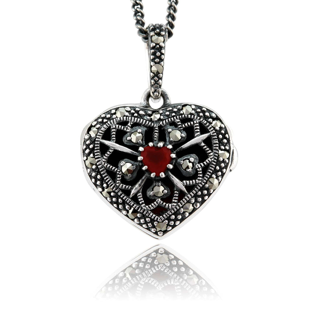 Art Nouveau Style Heart Carnelian & Marcasite Locket on Chain 925 Sterling