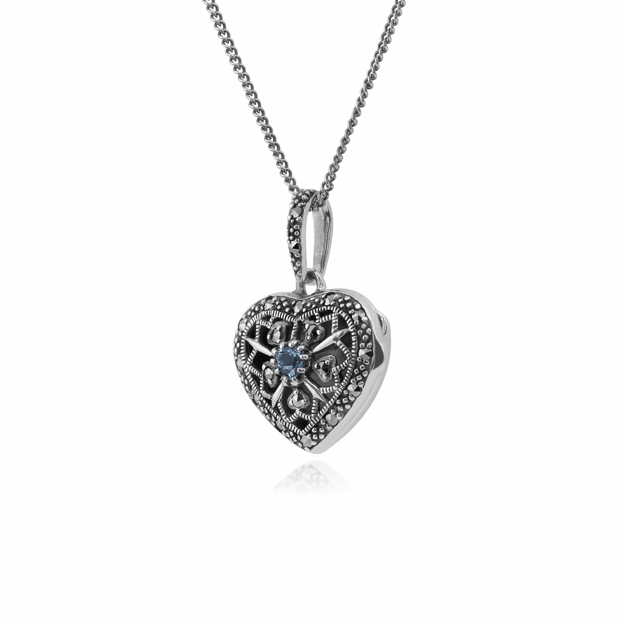 Art Nouveau Style Round Aquamarine & Marcasite Heart Necklace in 925 Sterling Silver - Gemondo