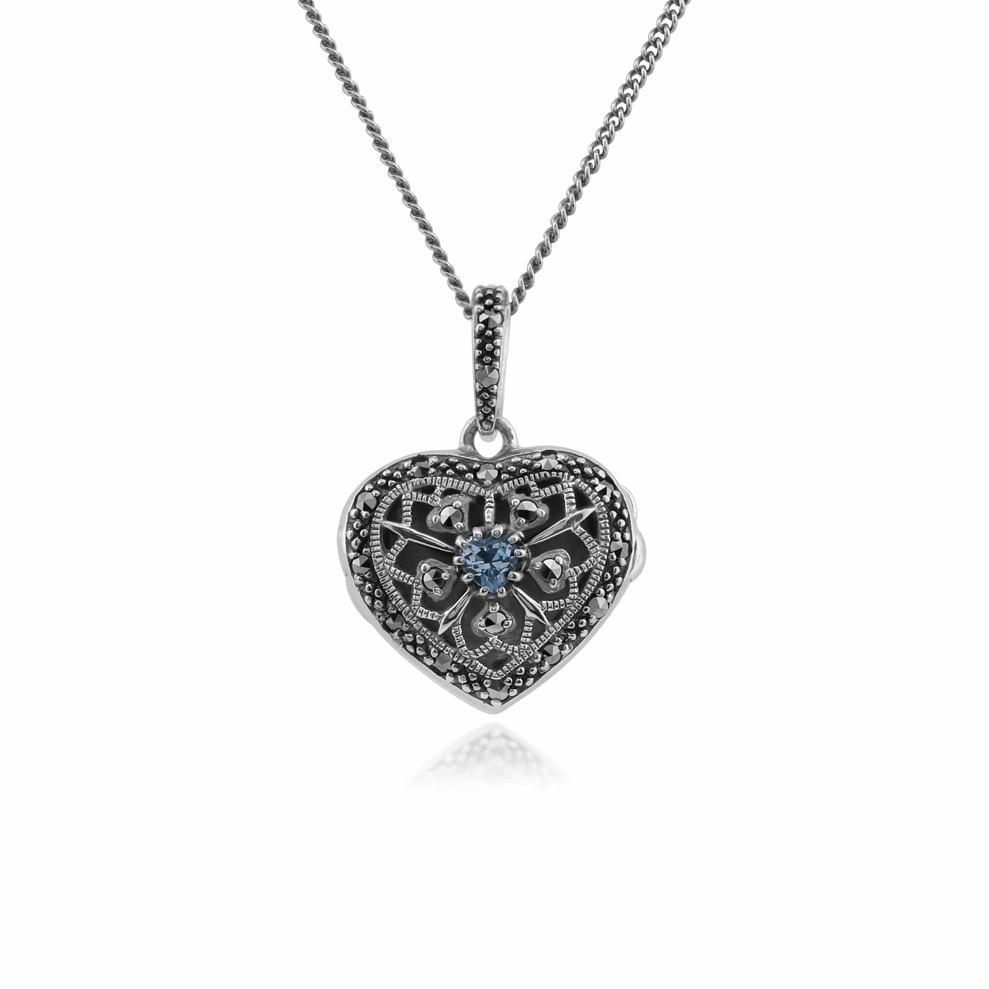 Art Nouveau Style Round Aquamarine & Marcasite Heart Necklace in 925 Sterling Silver - Gemondo