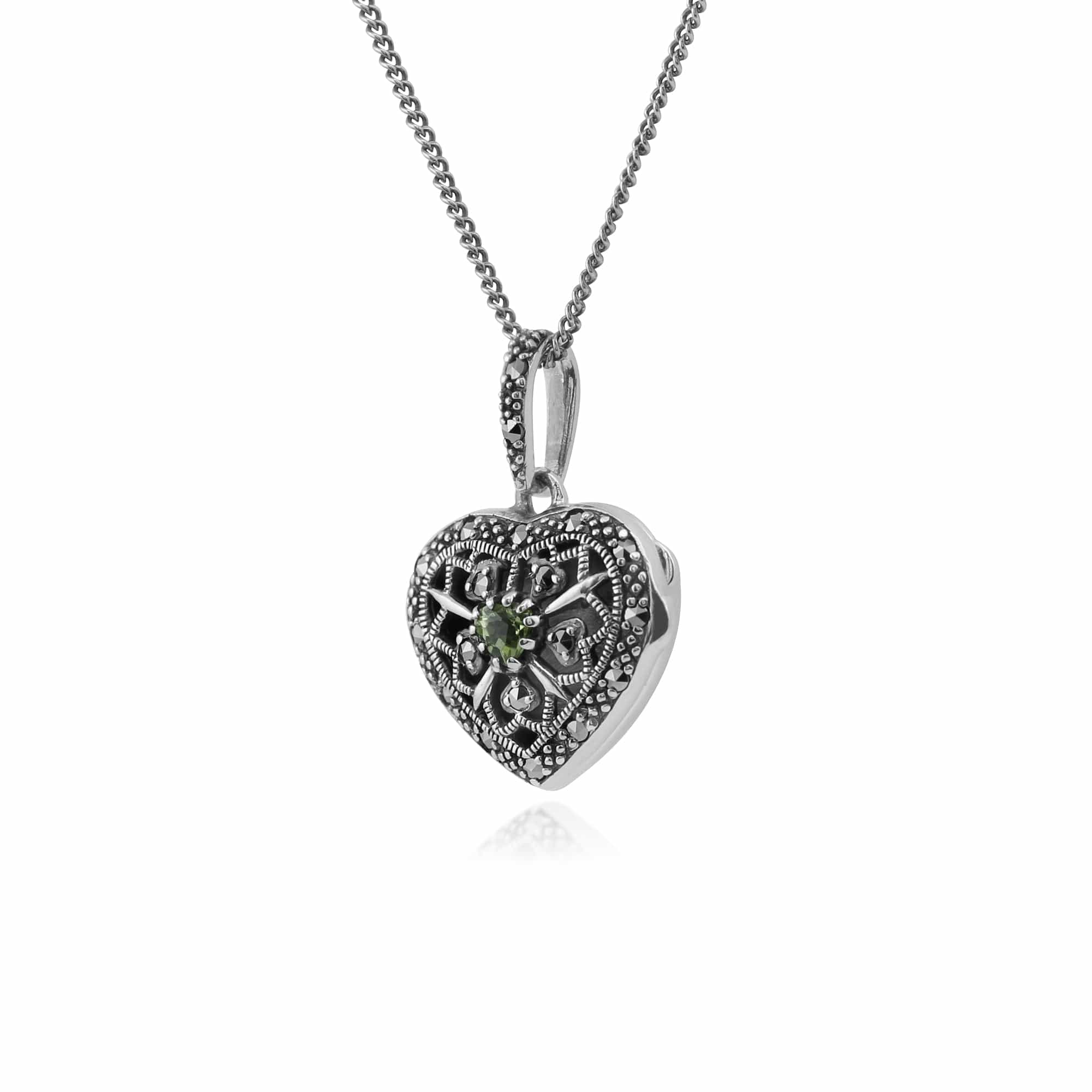 Art Nouveau Style Round Peridot & Marcasite Heart Necklace in 925 Sterling Silver - Gemondo