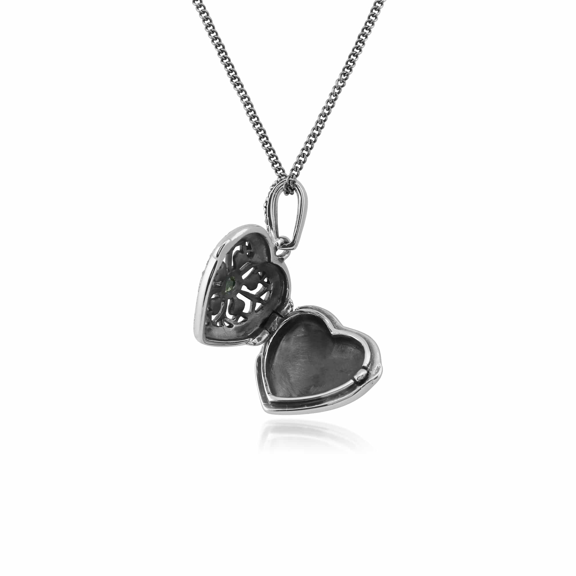 Art Nouveau Style Round Peridot & Marcasite Heart Necklace in 925 Sterling Silver - Gemondo