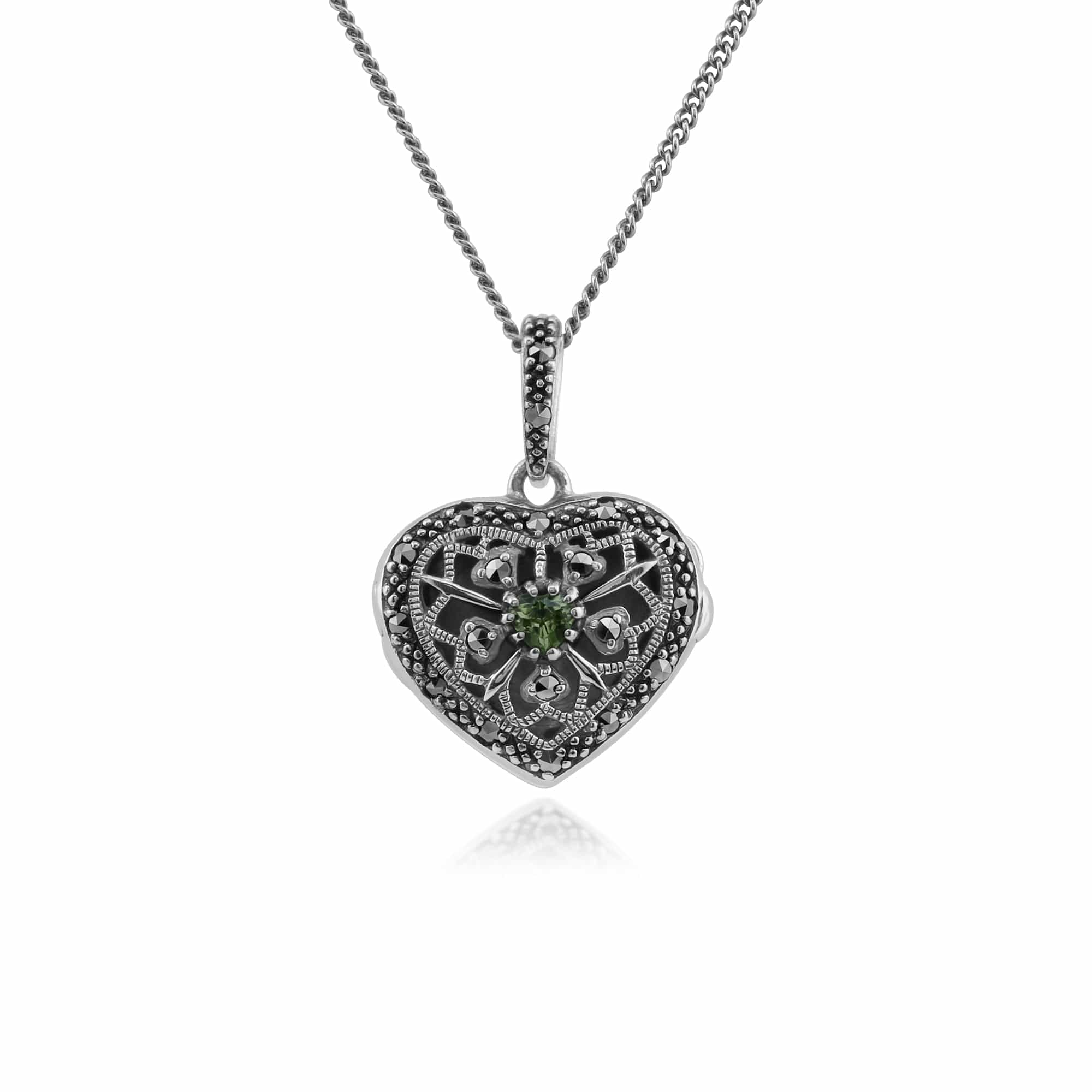 Art Nouveau Style Round Peridot & Marcasite Heart Necklace in 925 Sterling Silver - Gemondo