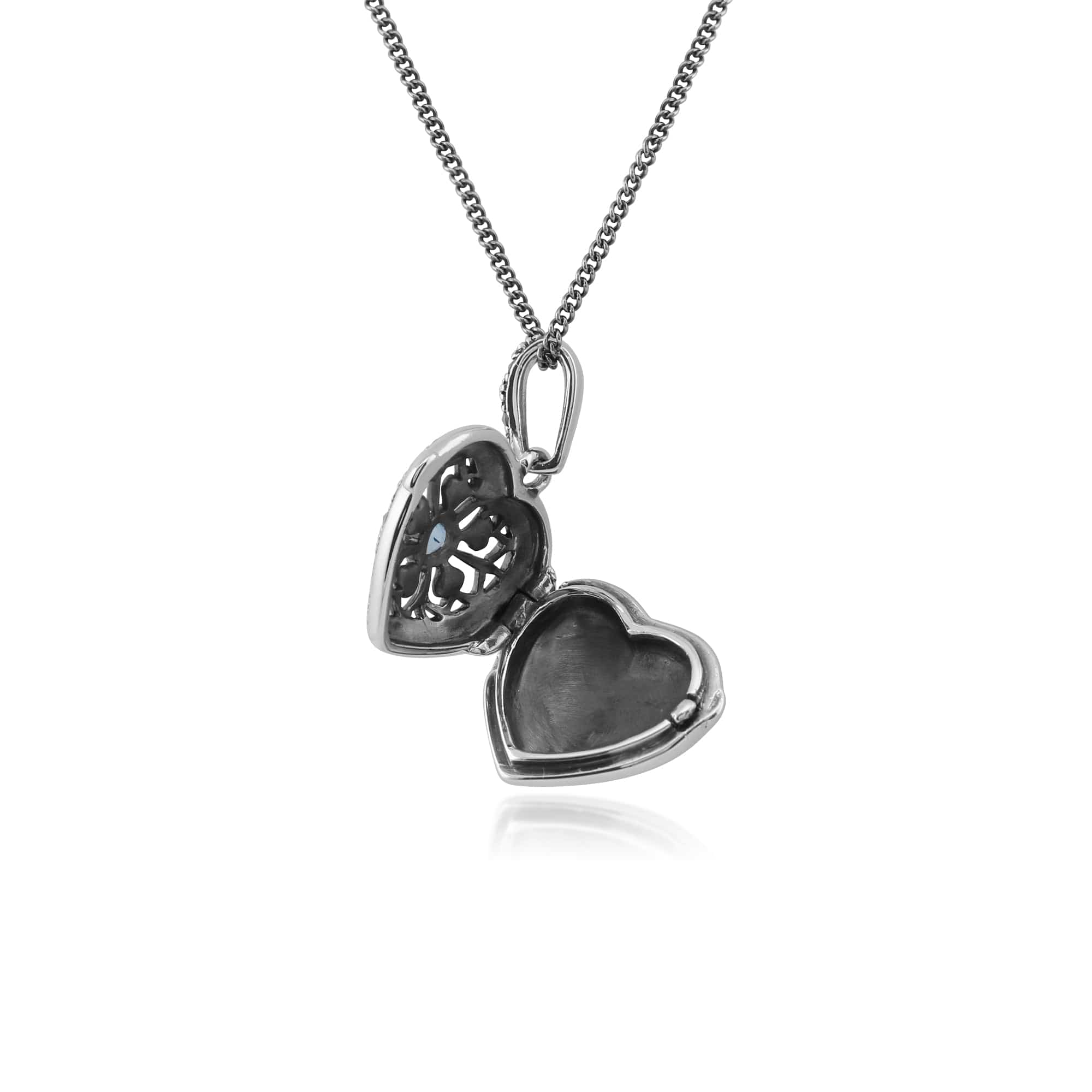 Art Nouveau Style Round Blue Topaz & Marcasite Heart Necklace in 925 Sterling Silver - Gemondo