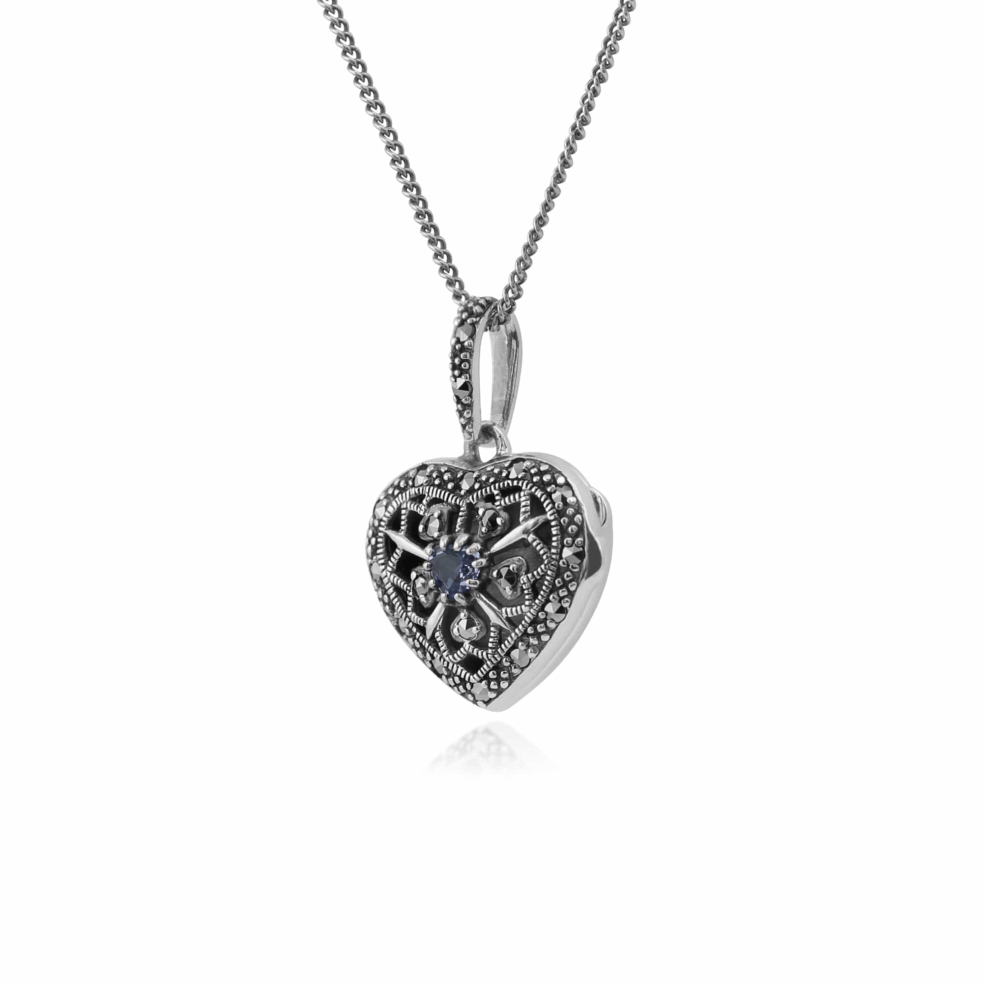 Art Nouveau Style Round Tanzanite & Marcasite Heart Necklace in 925 Sterling Silver - Gemondo