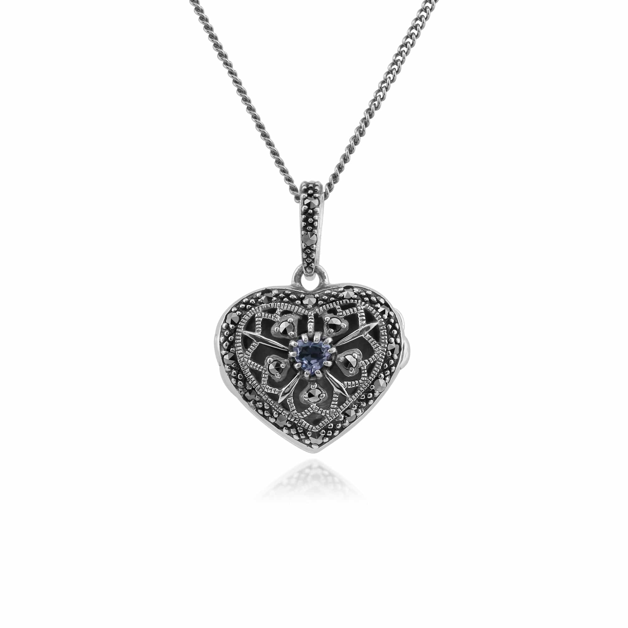 Art Nouveau Style Round Tanzanite & Marcasite Heart Necklace in 925 Sterling Silver - Gemondo