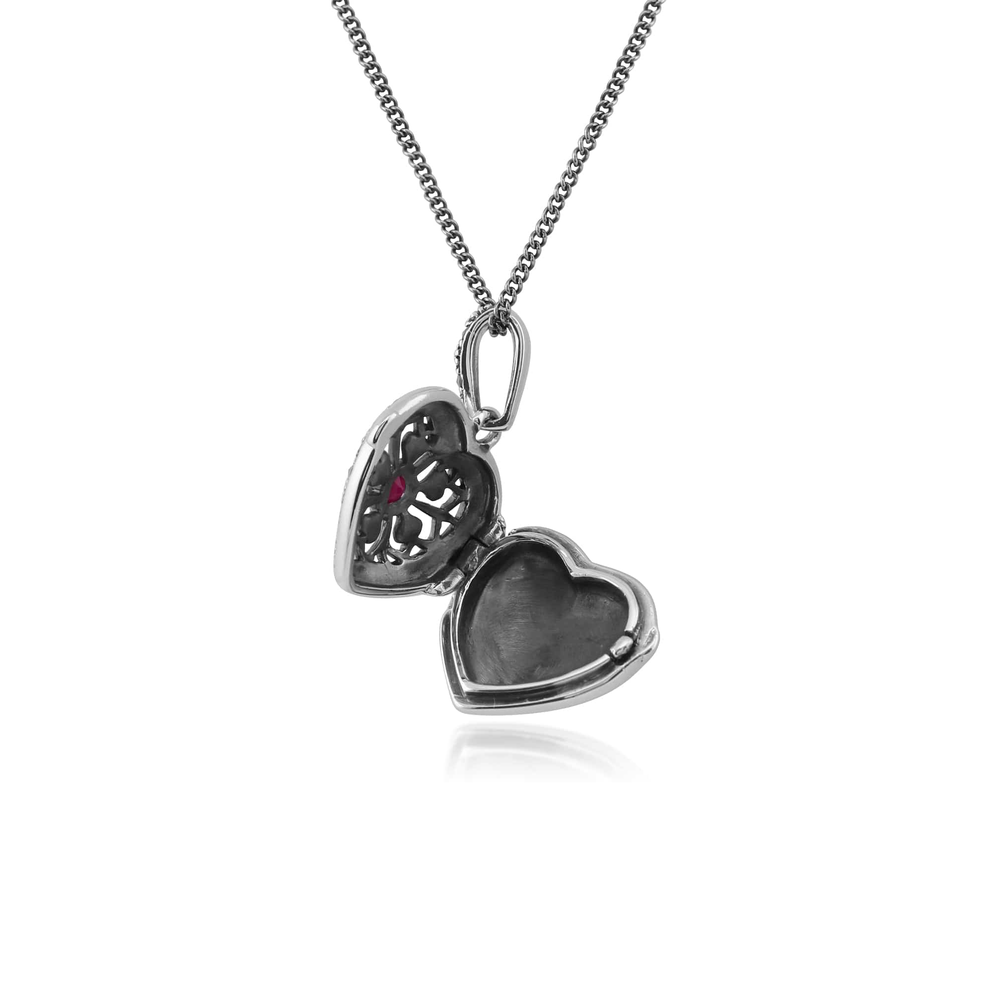 Art Nouveau Style Round Ruby & Marcasite Silver Heart Necklace - Gemondo