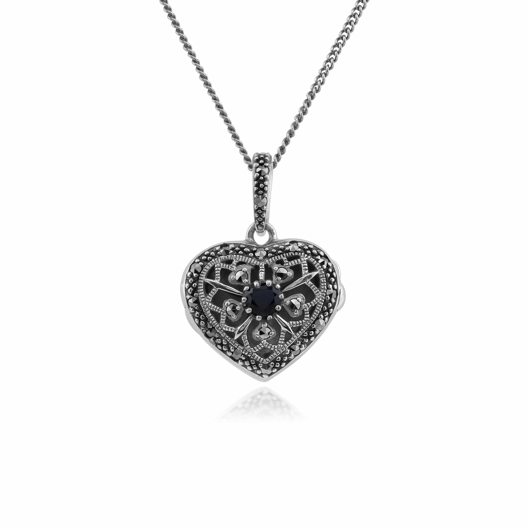 Art Nouveau Style Round Sapphire & Marcasite Heart Necklace in 925 Sterling Silver - Gemondo