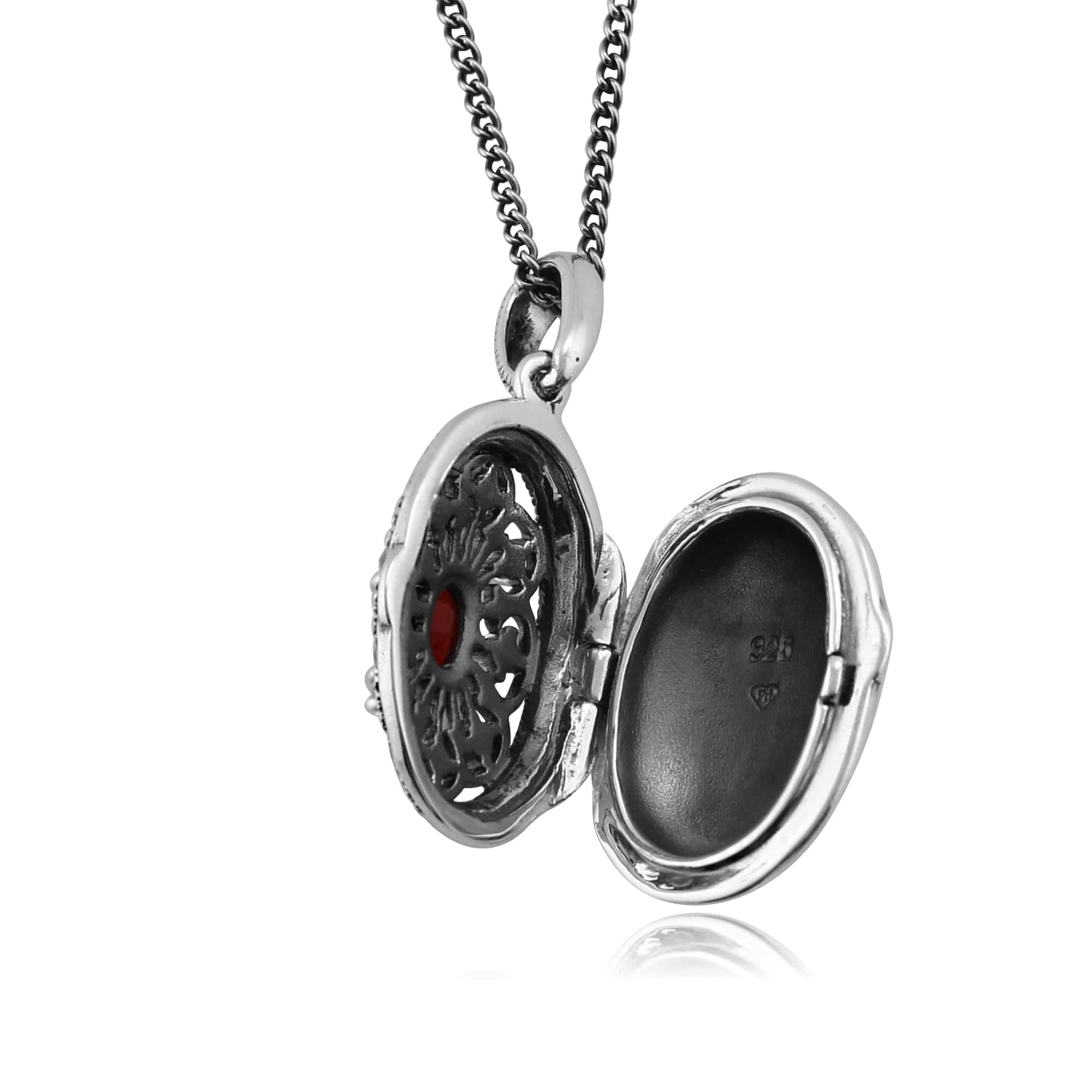 214N462901925 Victorian Style Oval Cornelian & Marcasite Locket on Chain in Sterling Silver 2