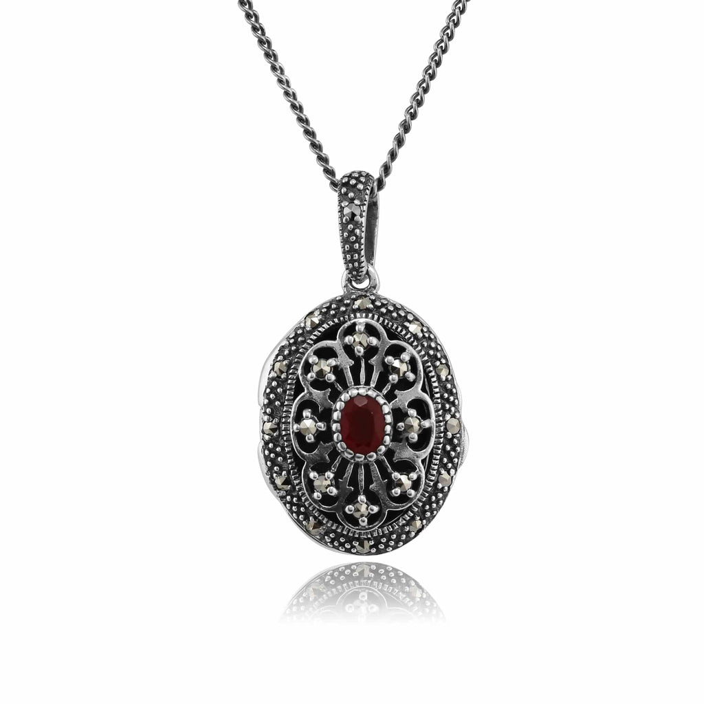 Victorian Style Oval Cornelian & Marcasite Locket on Chain Sterling