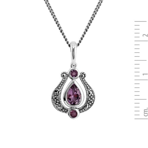 Art Nouveau Style Pear Amethyst & Marcasite Pendant in 925 Sterling Silver - Gemondo