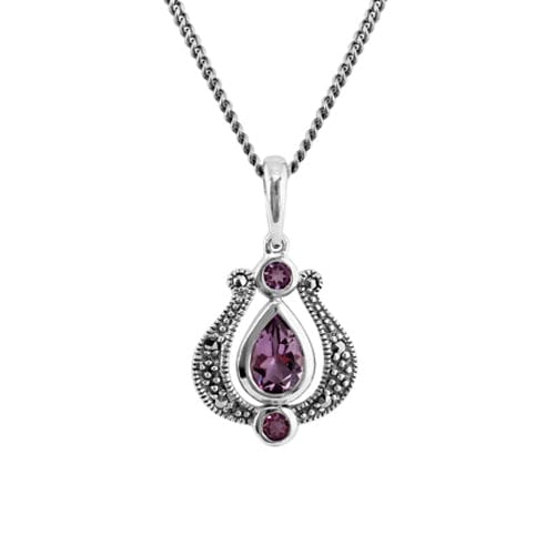 Art Nouveau Style Pear Amethyst & Marcasite Pendant in 925 Sterling Silver - Gemondo