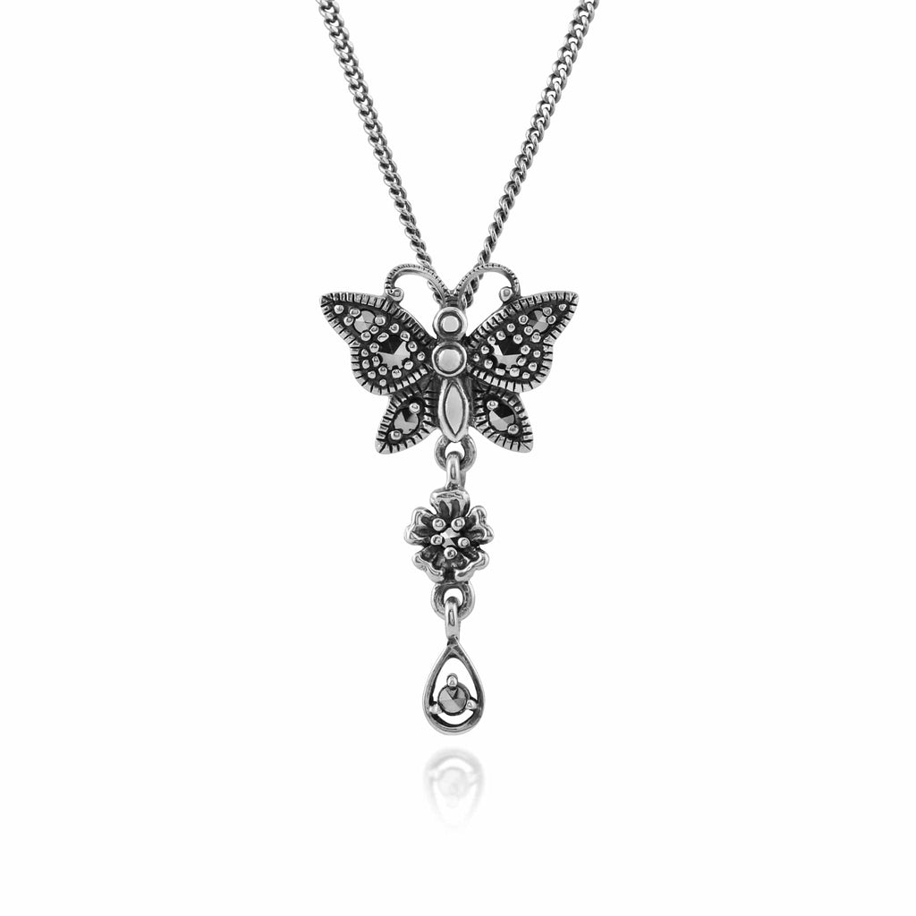 Art Nouveau Style Round Marcasite Butterfly Pendant 925 Sterling