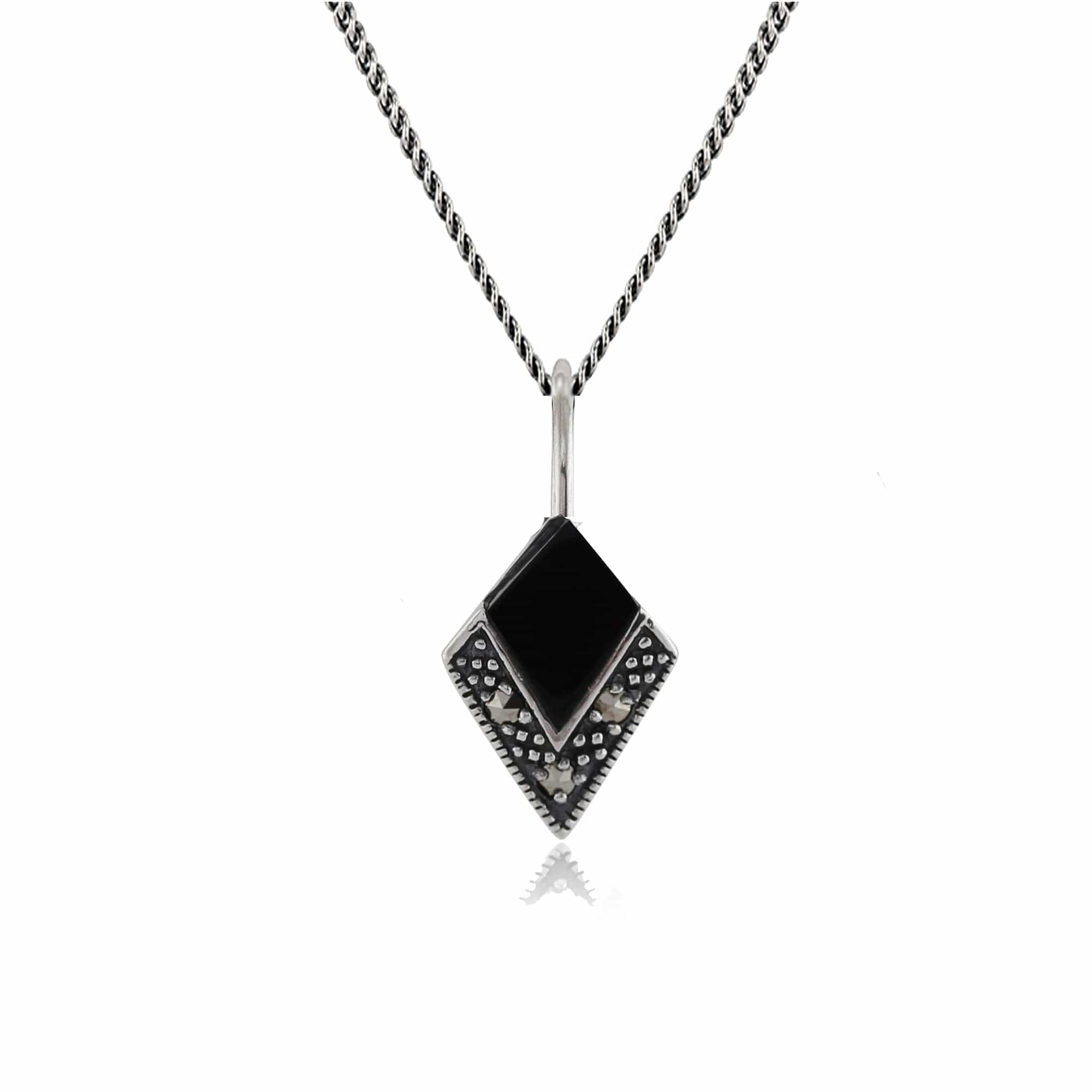 Art Deco Style Cabochon Black Onyx & Marcasite Pendant in 925 Sterling Silver - Gemondo