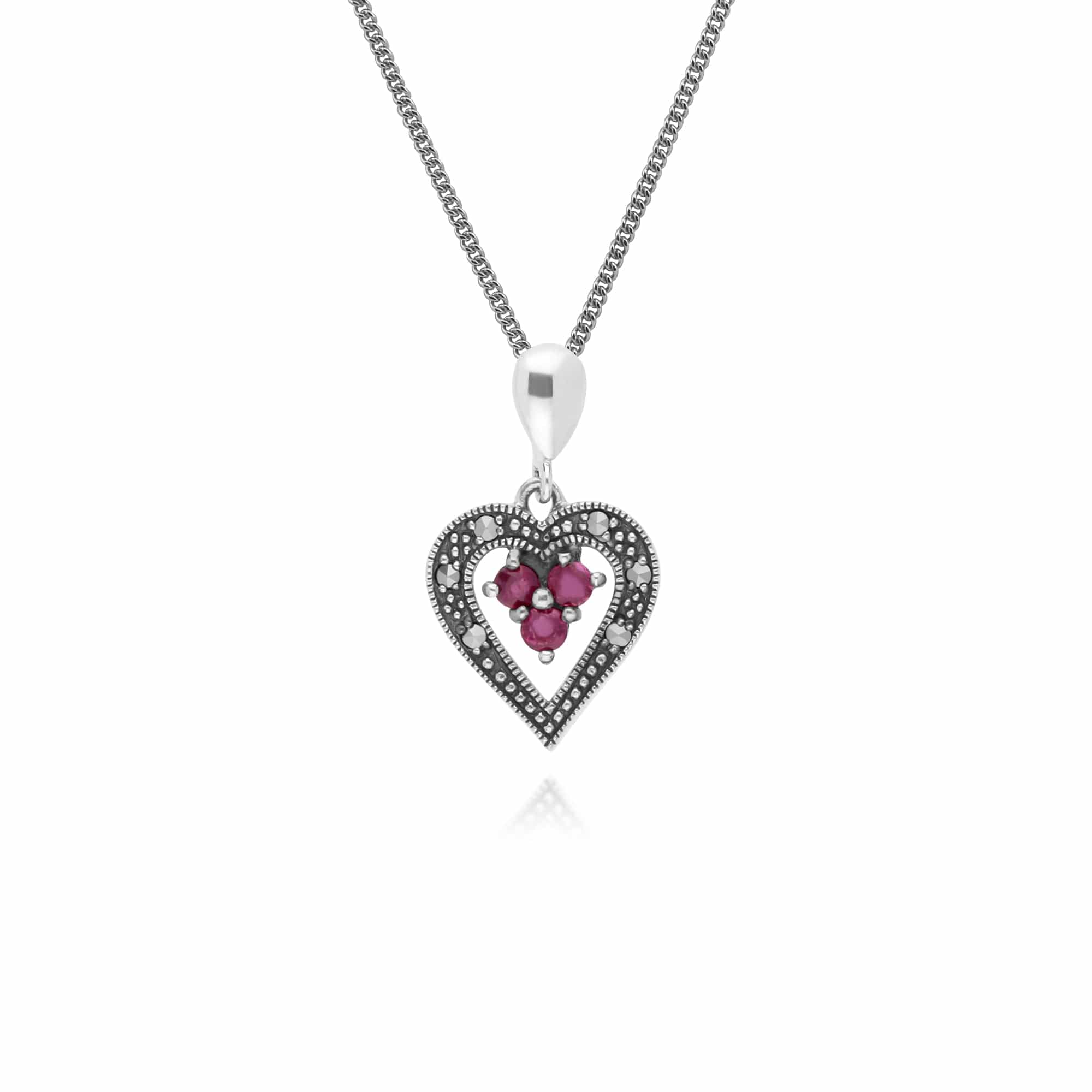 Art Deco Style  Round Ruby & Marcasite Heart Pendant in 925 Sterling Silver - Gemondo