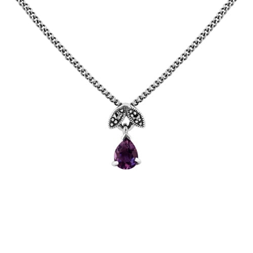 Art Nouveau Style Pear Amethyst & Marcasite Pendant 925 Sterling