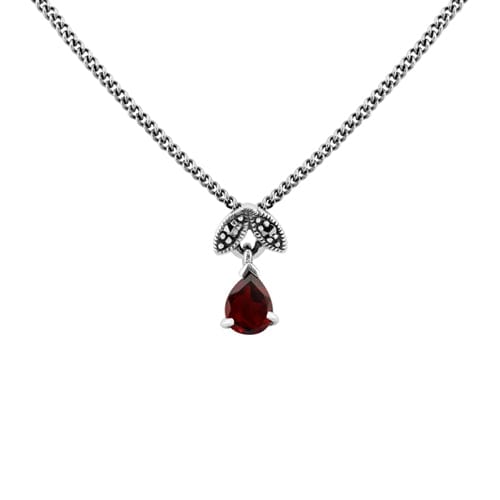 Art Nouveau Style Pear Garnet & Marcasite Pendant 925 Sterling