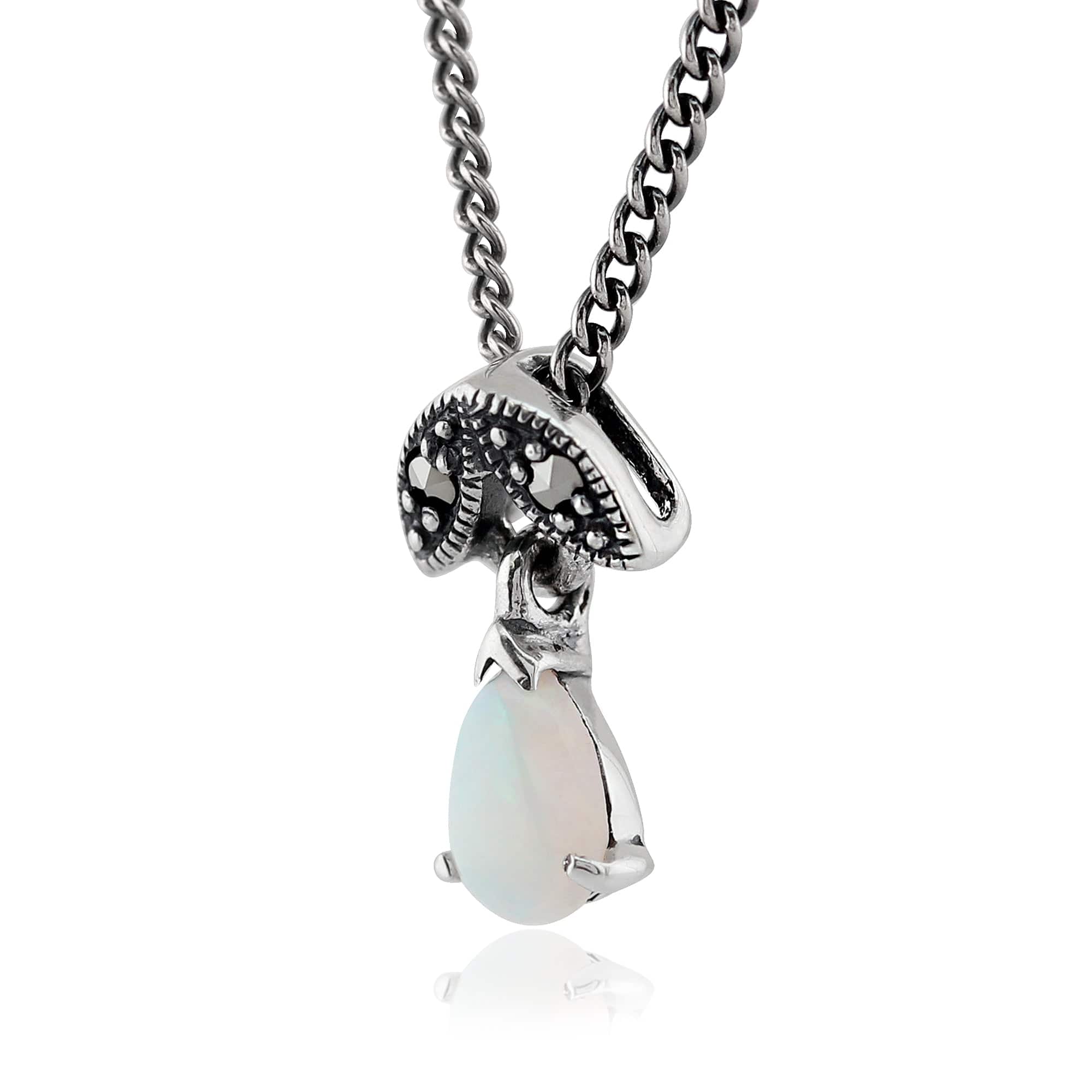 Art Nouveau Style Pear Opal & Marcasite Pendant in 925 Sterling Silver - Gemondo