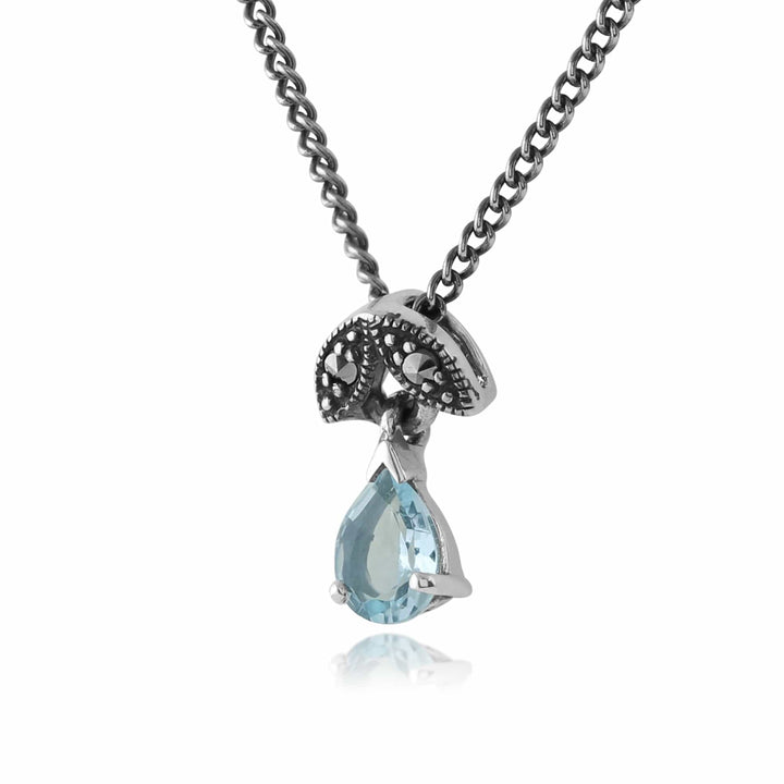 214N488909925 Art Nouveau Style Pear Aquamarine & Marcasite Pendant in 925 Sterling Silver 2