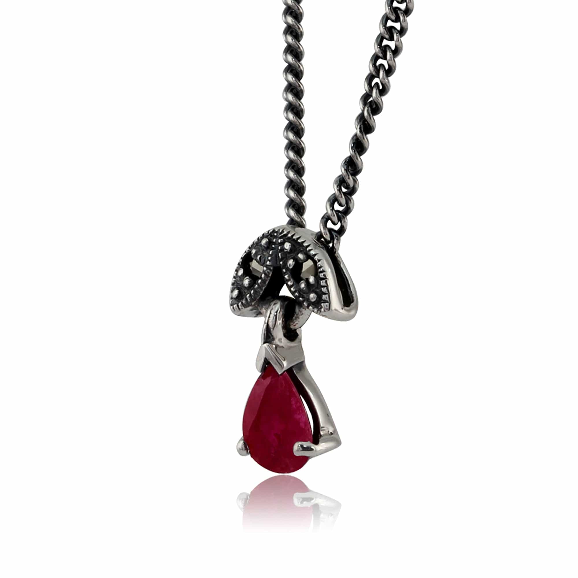 214E686112925-214N488912925 Art Deco Style Pear Ruby & Marcasite Leaf Drop Earrings & Pendant Set in 925 Sterling Silver 5