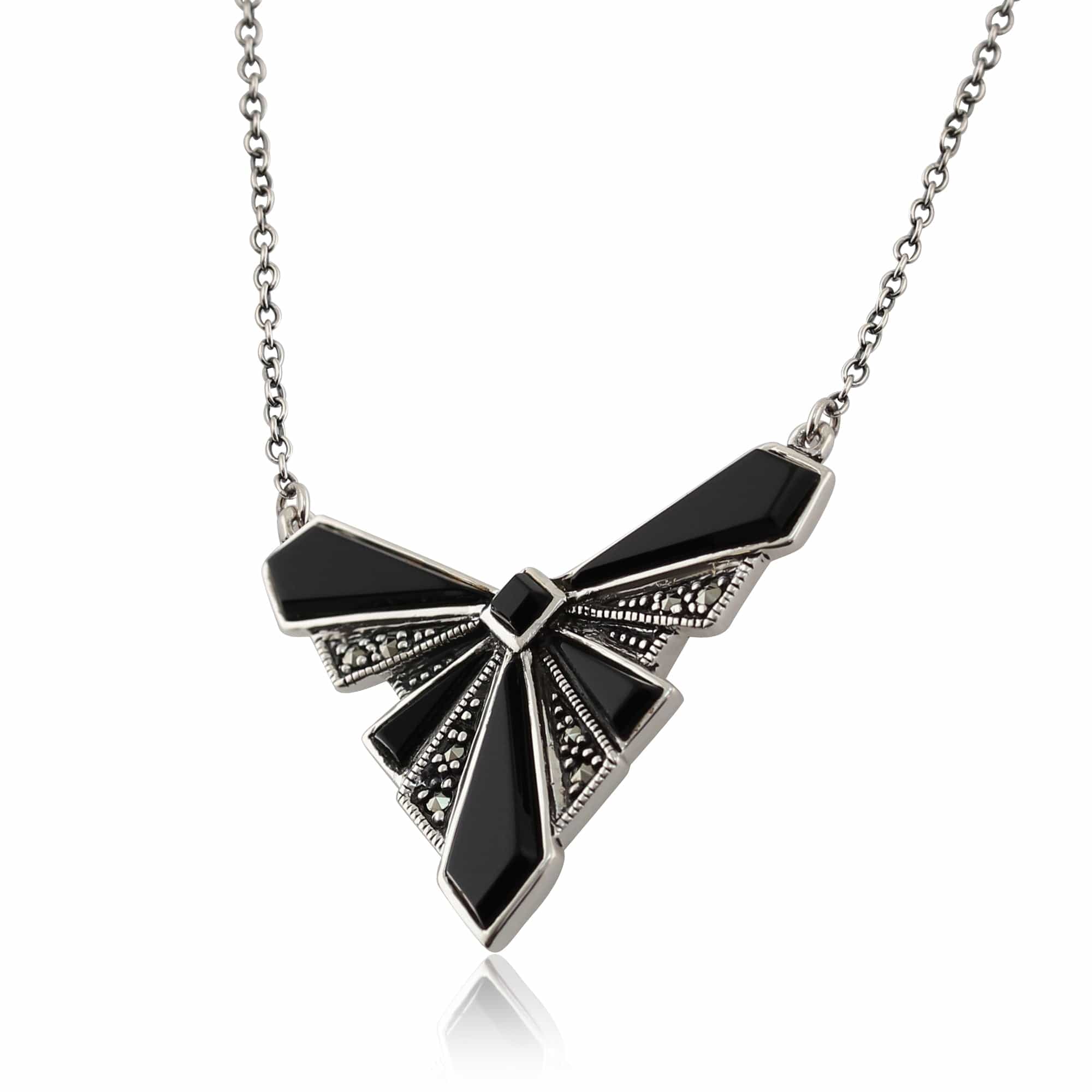 Art Deco Style Black Onyx Cabochon & Marcasite Necklace in 925 Sterling Silver - Gemondo