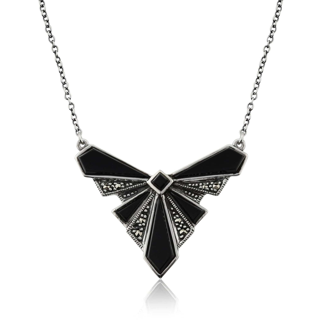 Art Deco Style Onyx Cabochon & Marcasite Necklace 925 Sterling Silver