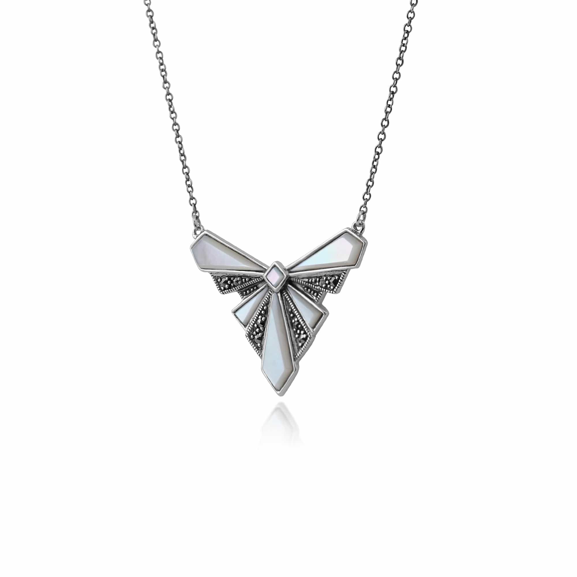 Art Deco Style Mother of Pearl & Marcasite Fan Style Necklace in 925 Sterling Silver - Gemondo
