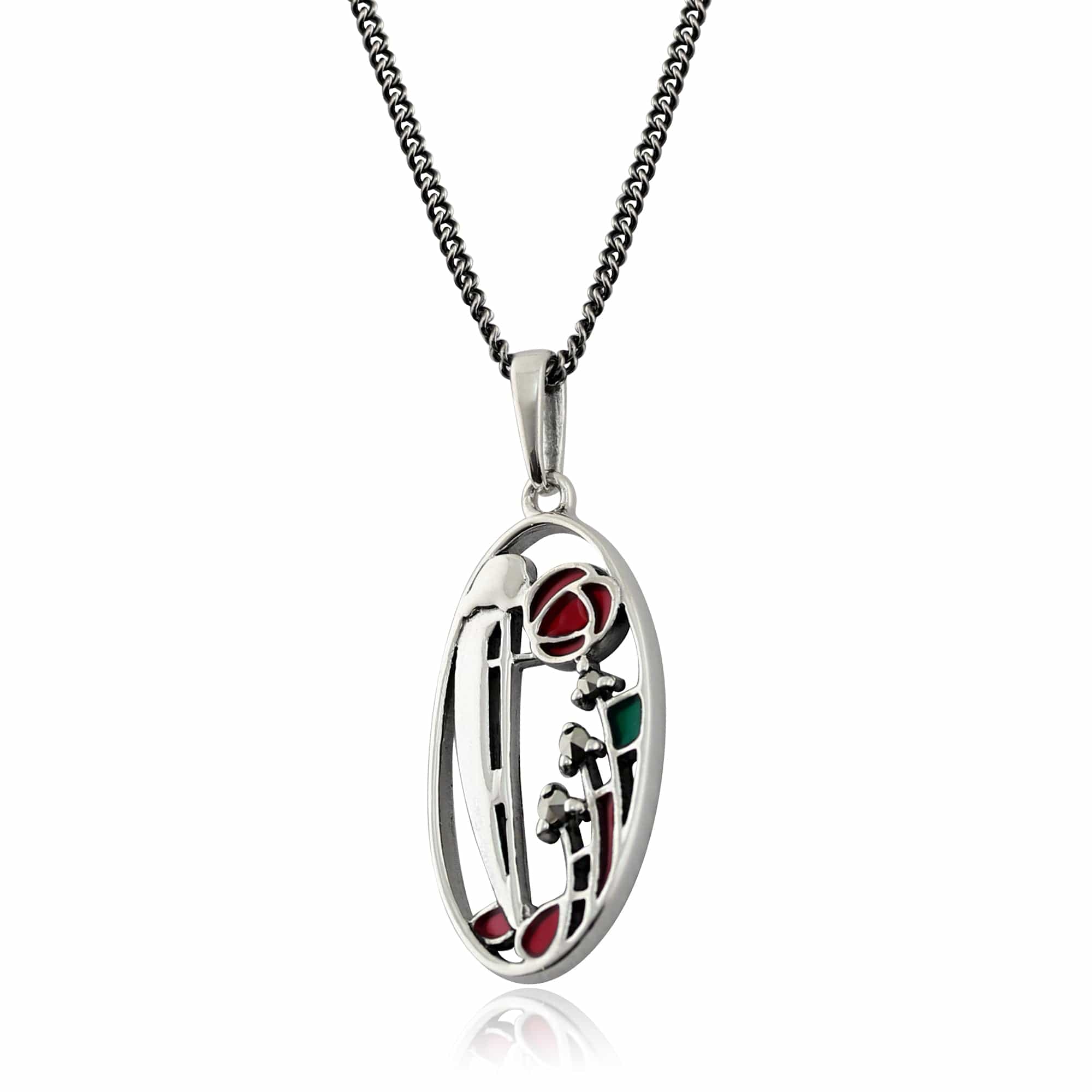 Rennie Mackintosh Round Marcasite & Enamel Pendant in 925 Sterling Silver