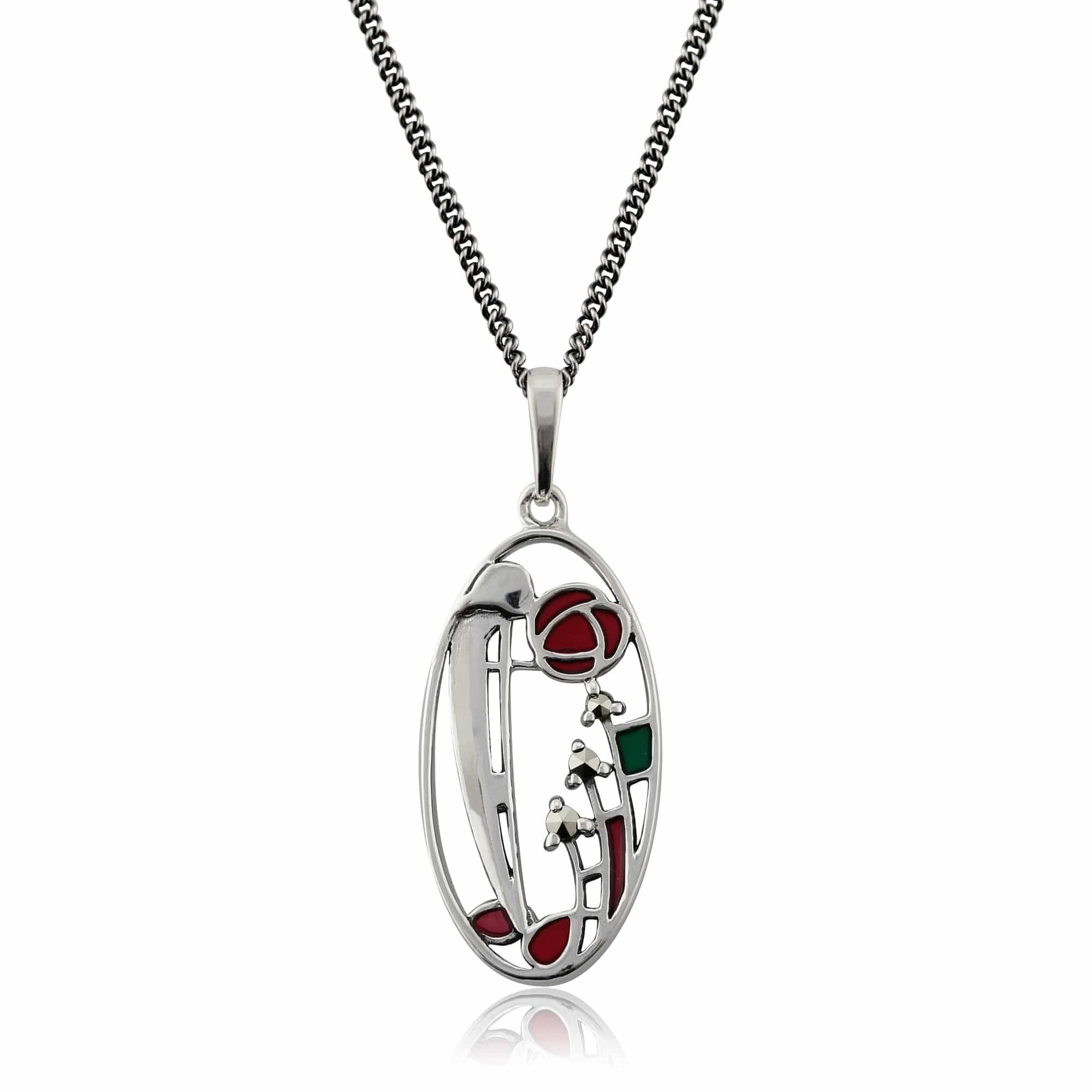 Rennie Mackintosh Round Marcasite & Enamel Pendant in 925 Sterling Silver