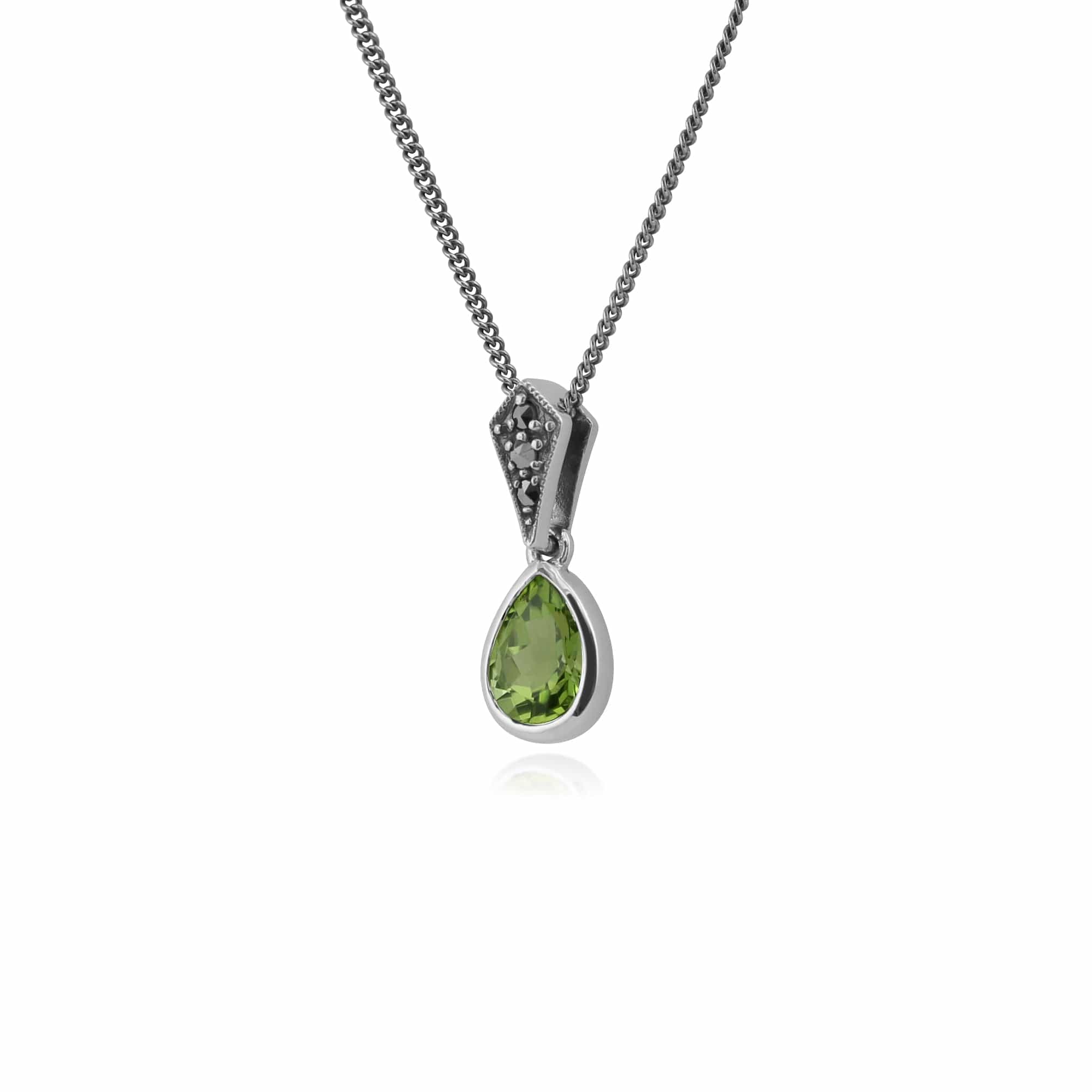 Art Deco Style Oval Pear Peridot & Marcasite Pendant in 925 Sterling Silver - Gemondo