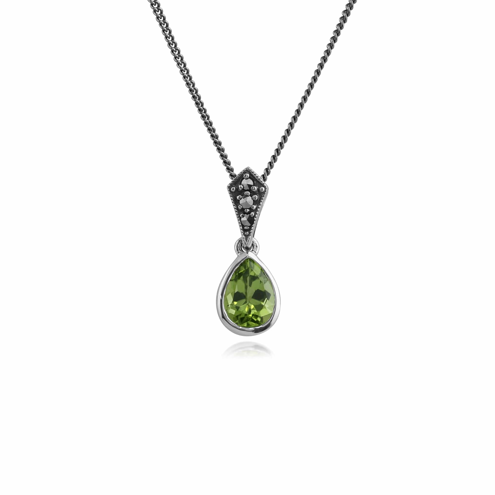 Art Deco Style Oval Pear Peridot & Marcasite Pendant in 925 Sterling Silver - Gemondo