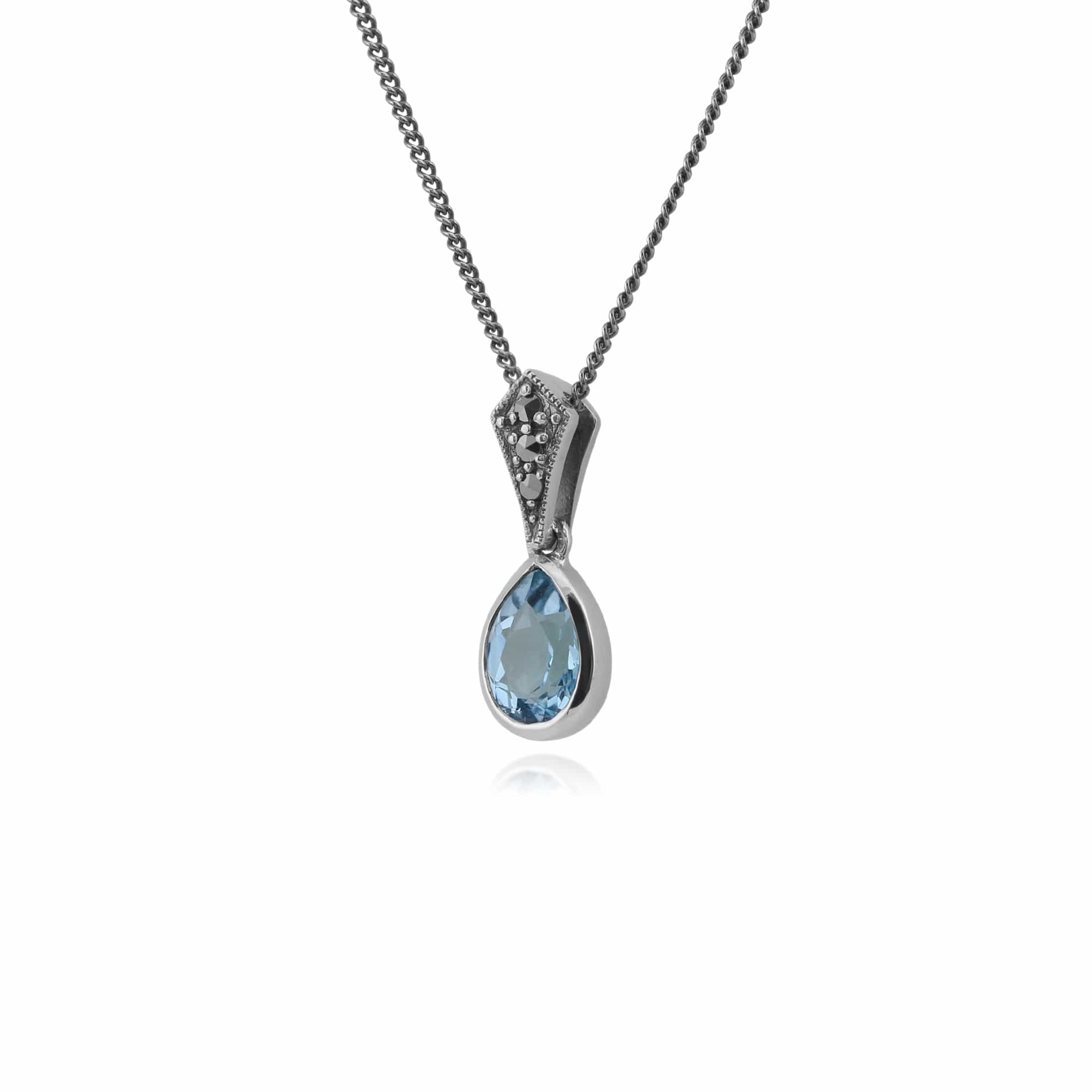 Art Deco Style Oval Pear Blue Topaz & Marcasite Pendant in 925 Sterling Silver - Gemondo