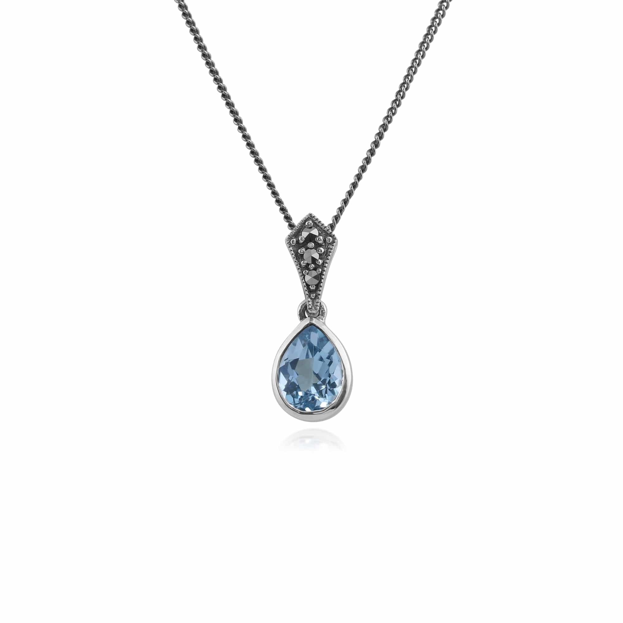 Art Deco Style Oval Pear Blue Topaz & Marcasite Pendant in 925 Sterling Silver - Gemondo