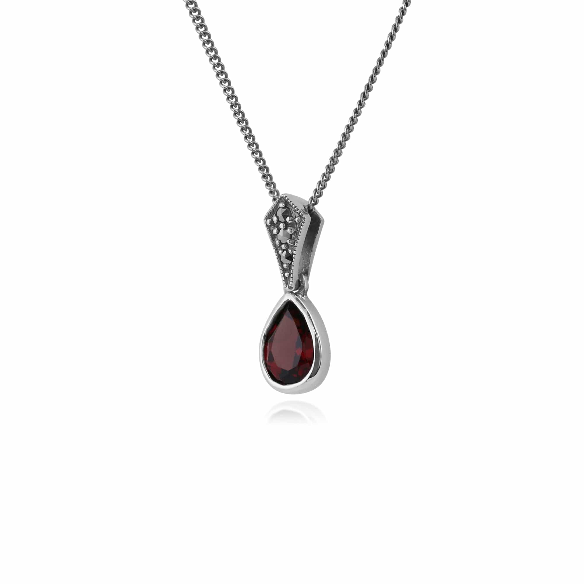 214N515604925 Art Deco Style Oval Pear Garnet & Marcasite Pendant in 925 Sterling Silver 2