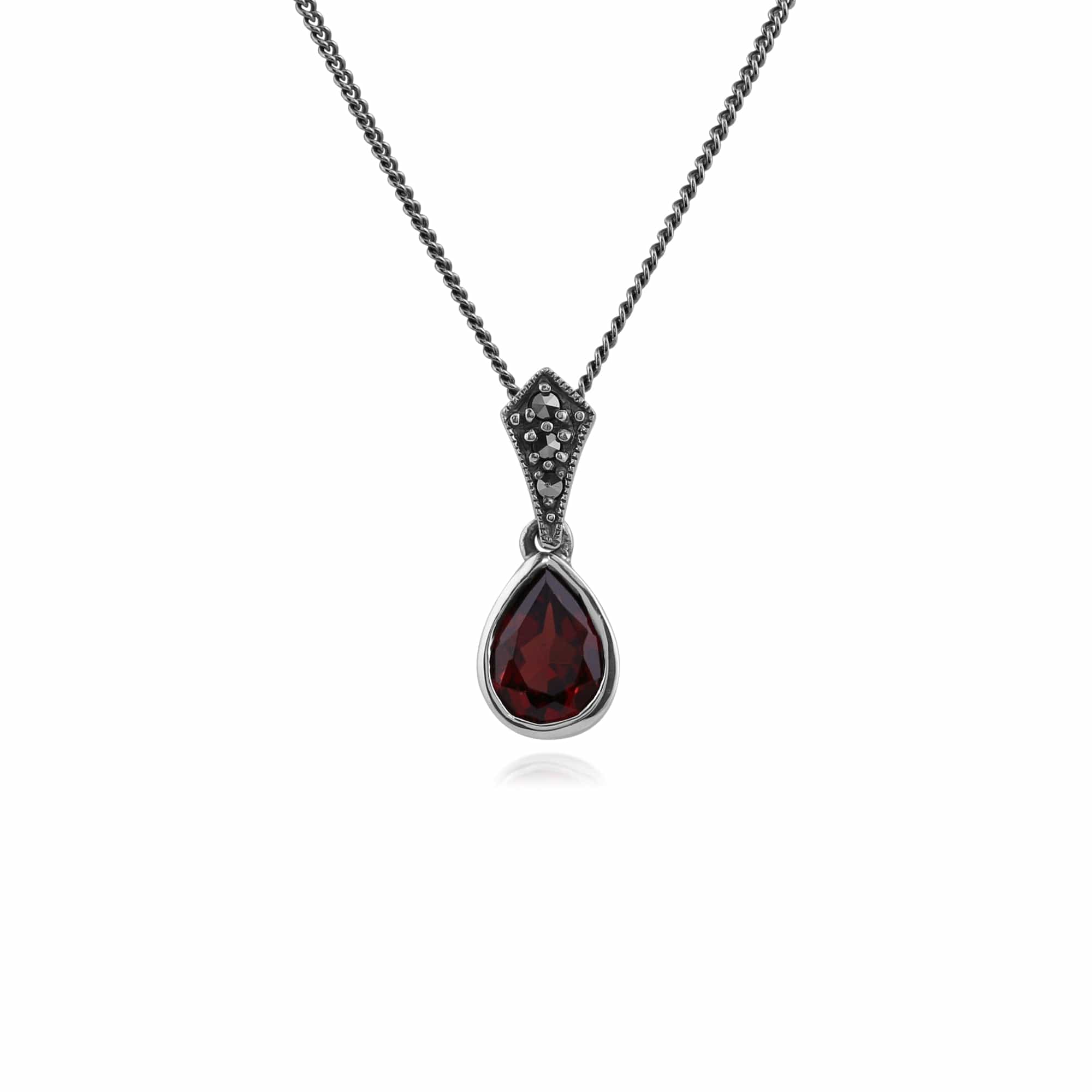 Art Deco Style Oval Pear Garnet & Marcasite Pendant in 925 Sterling Silver - Gemondo