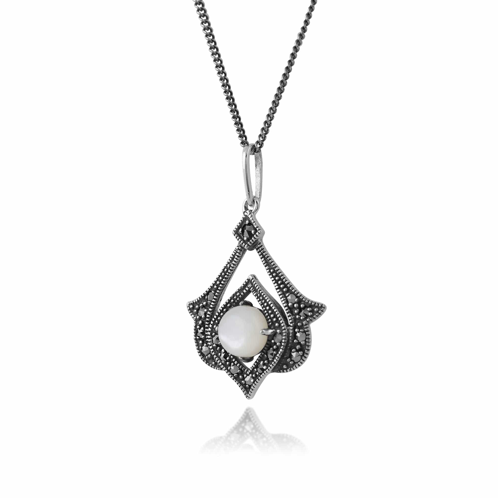 Art Nouveau Style Mother of Pearl & Marcasite Open Work Pendant in 925 Sterling Silver - Gemondo