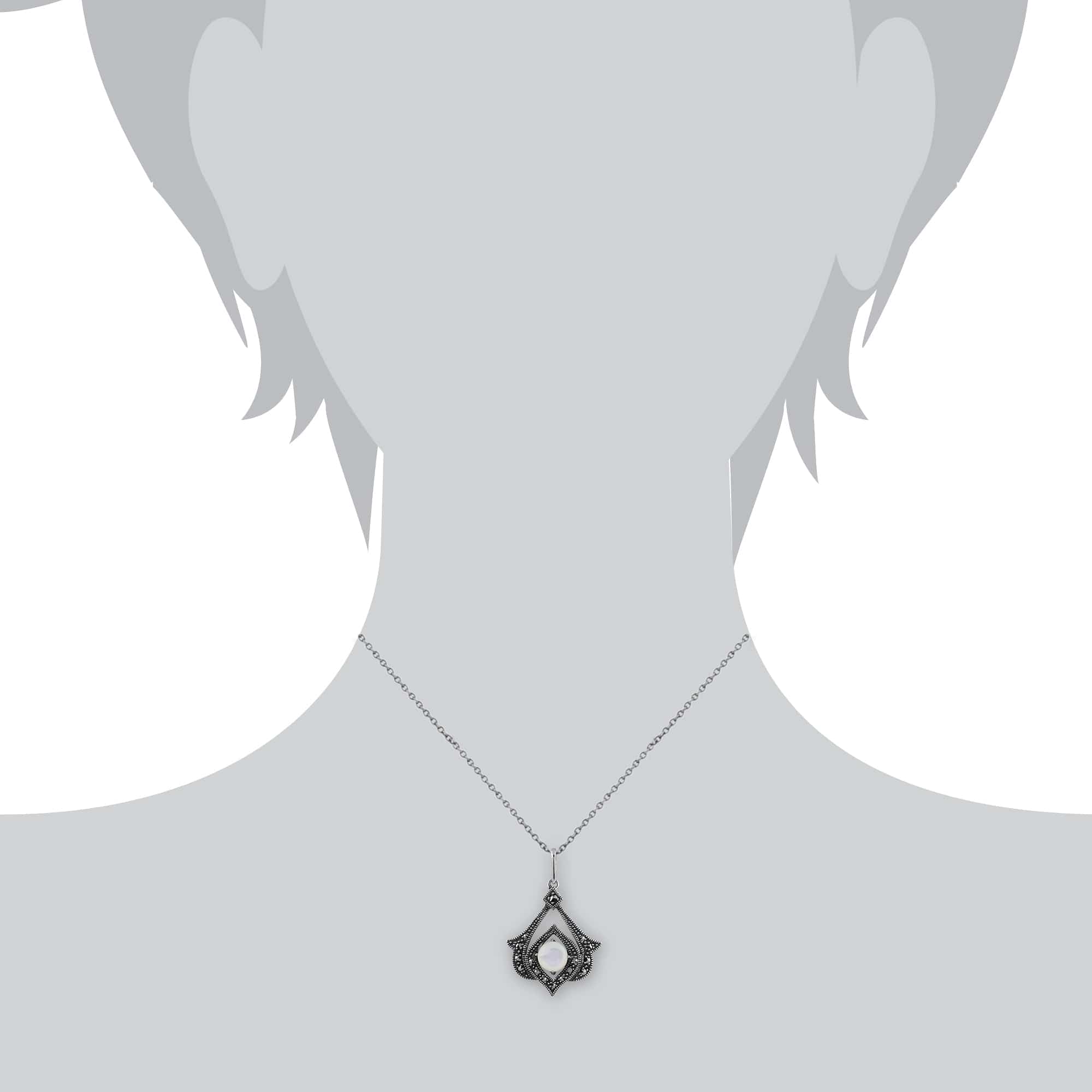 Art Nouveau Style Mother of Pearl & Marcasite Open Work Pendant in 925 Sterling Silver - Gemondo