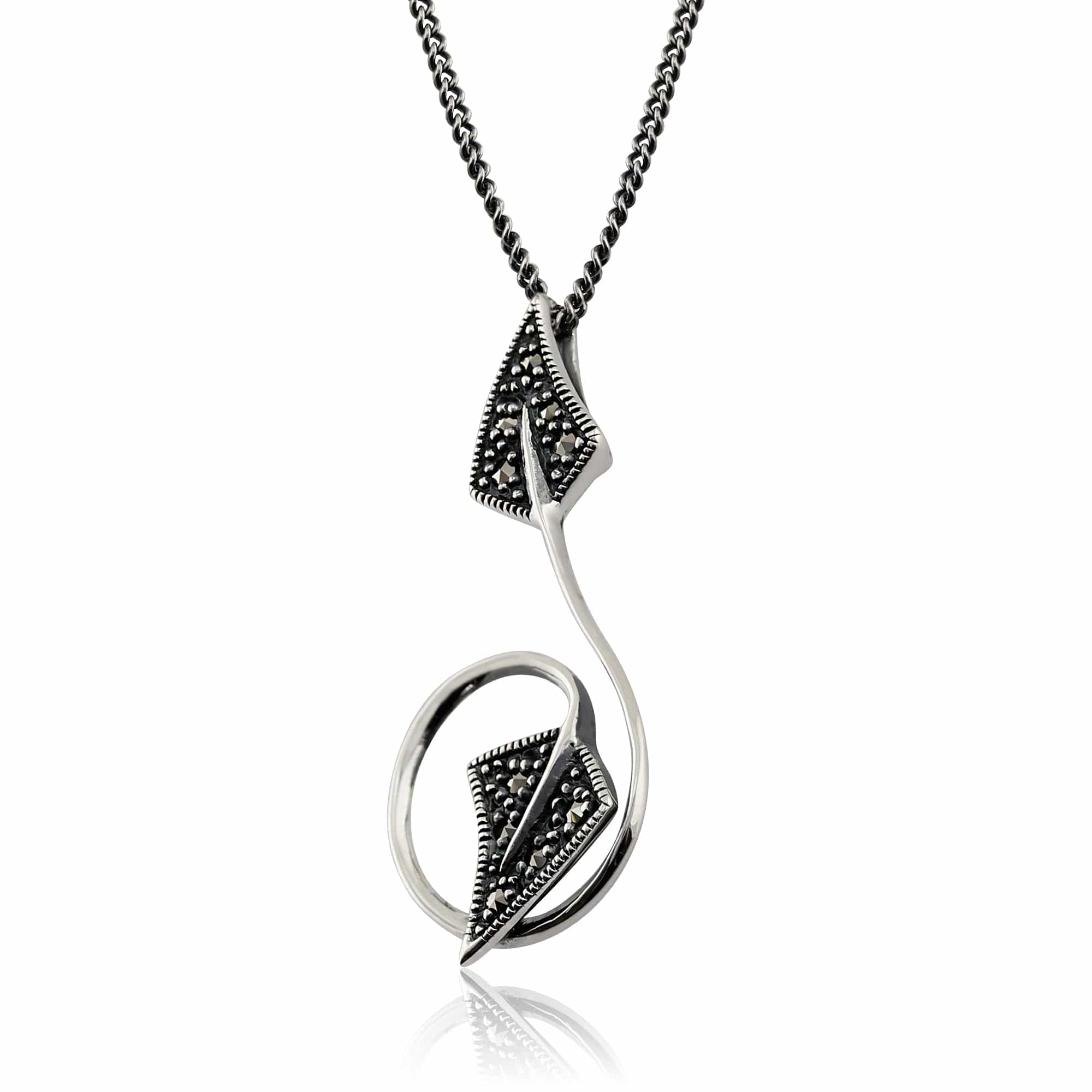 Art Nouveau Style Round Marcasite Leaf Pendant in 925 Sterling Silver - Gemondo