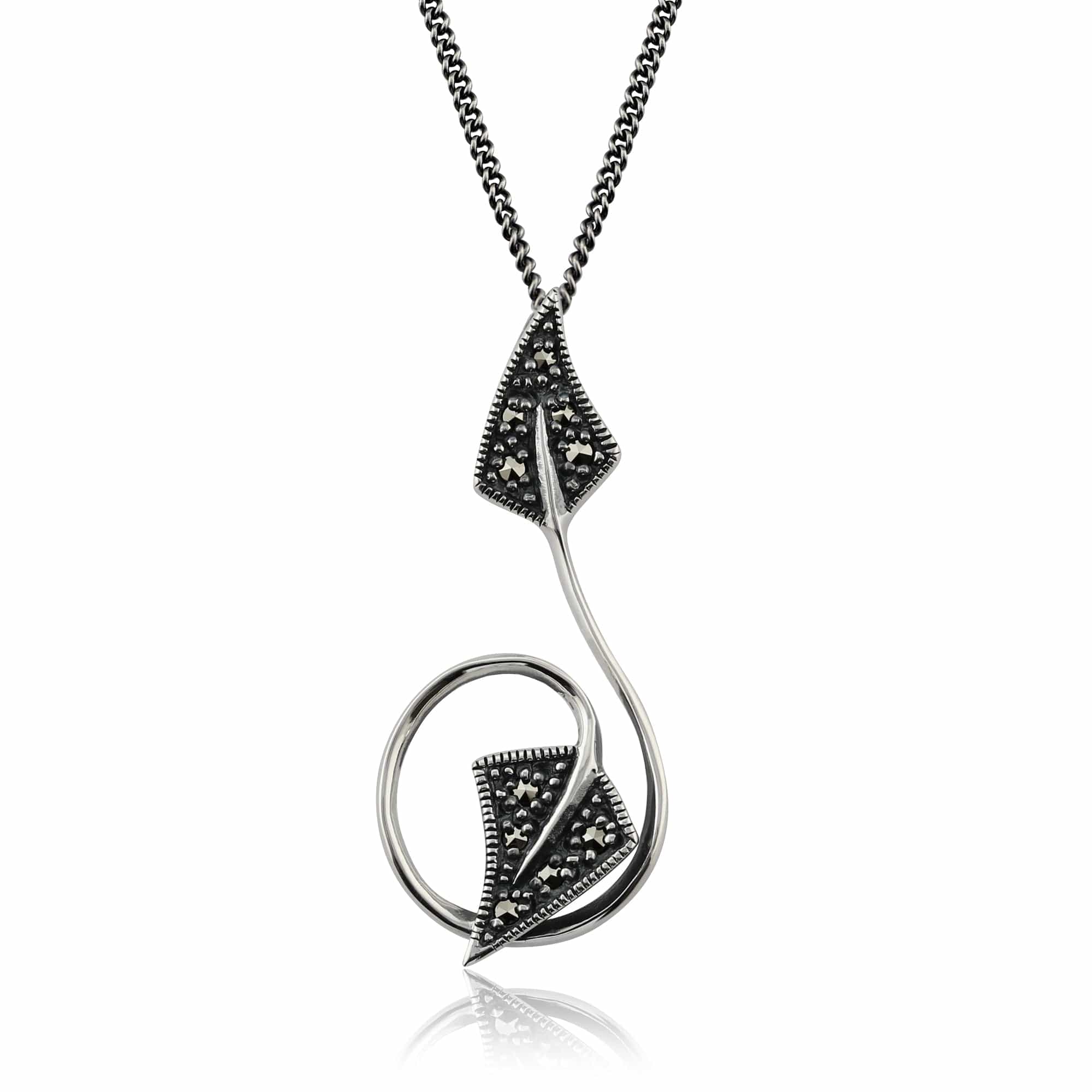 Art Nouveau Style Round Marcasite Leaf Pendant in 925 Sterling Silver - Gemondo
