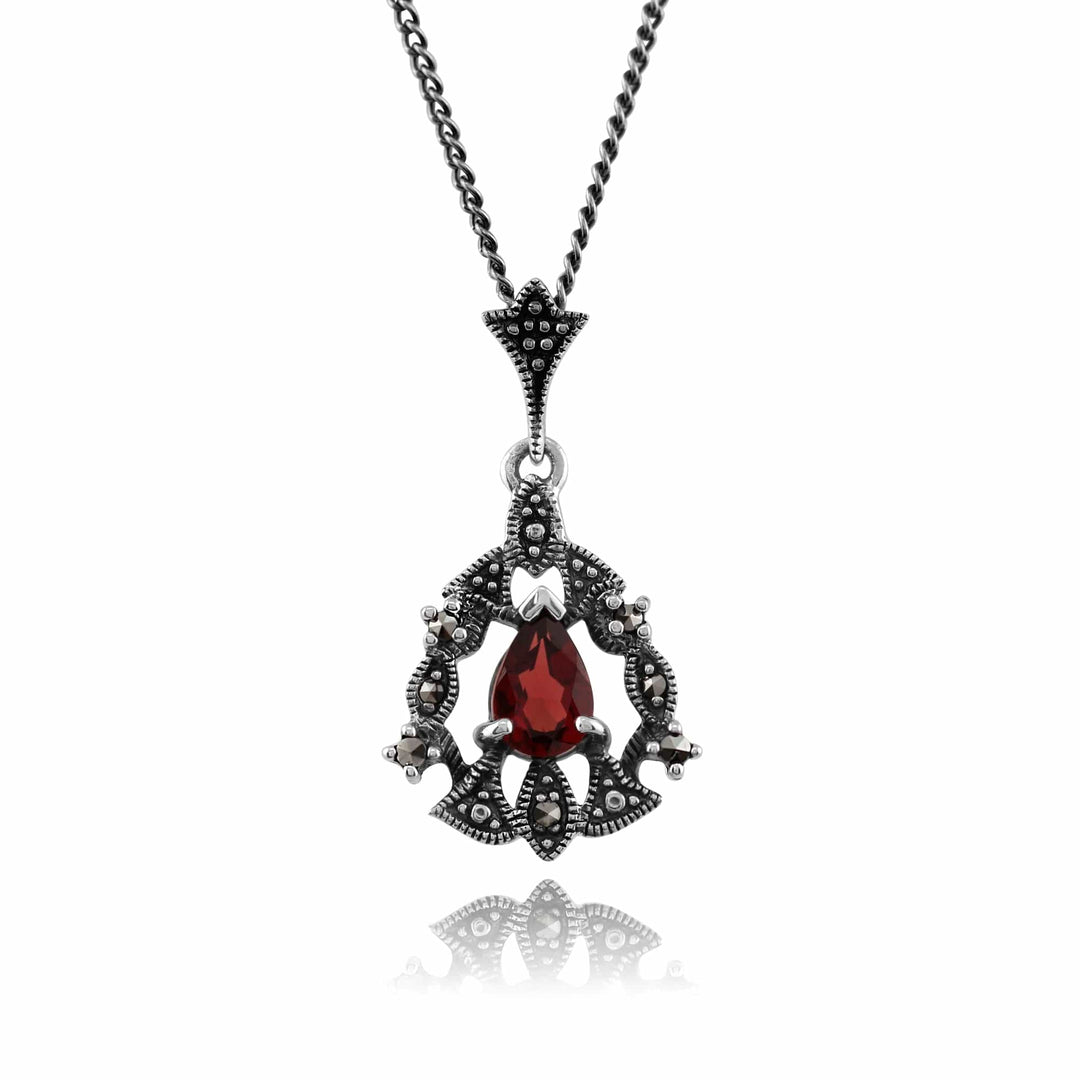 Art Nouveau Style Pear Garnet & Marcasite Garland Pendant in Silver - Gemondo