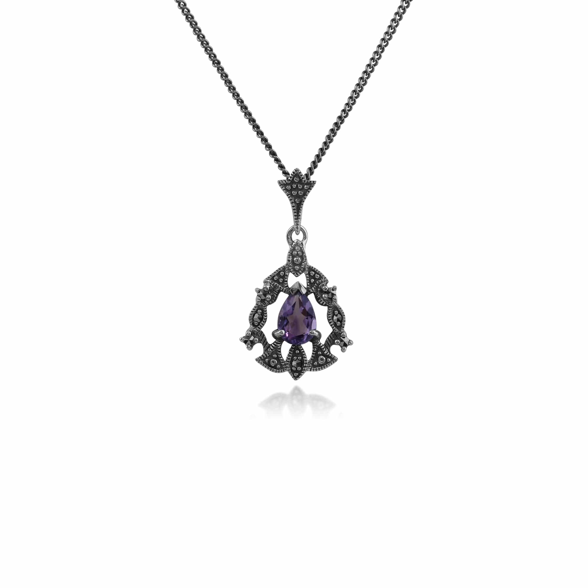 214N540202925-214R507802925 Art Nouveau Style Pear Amethyst & Marcasite Garland Pendant & Ring Set in 925 Sterling Silver 2